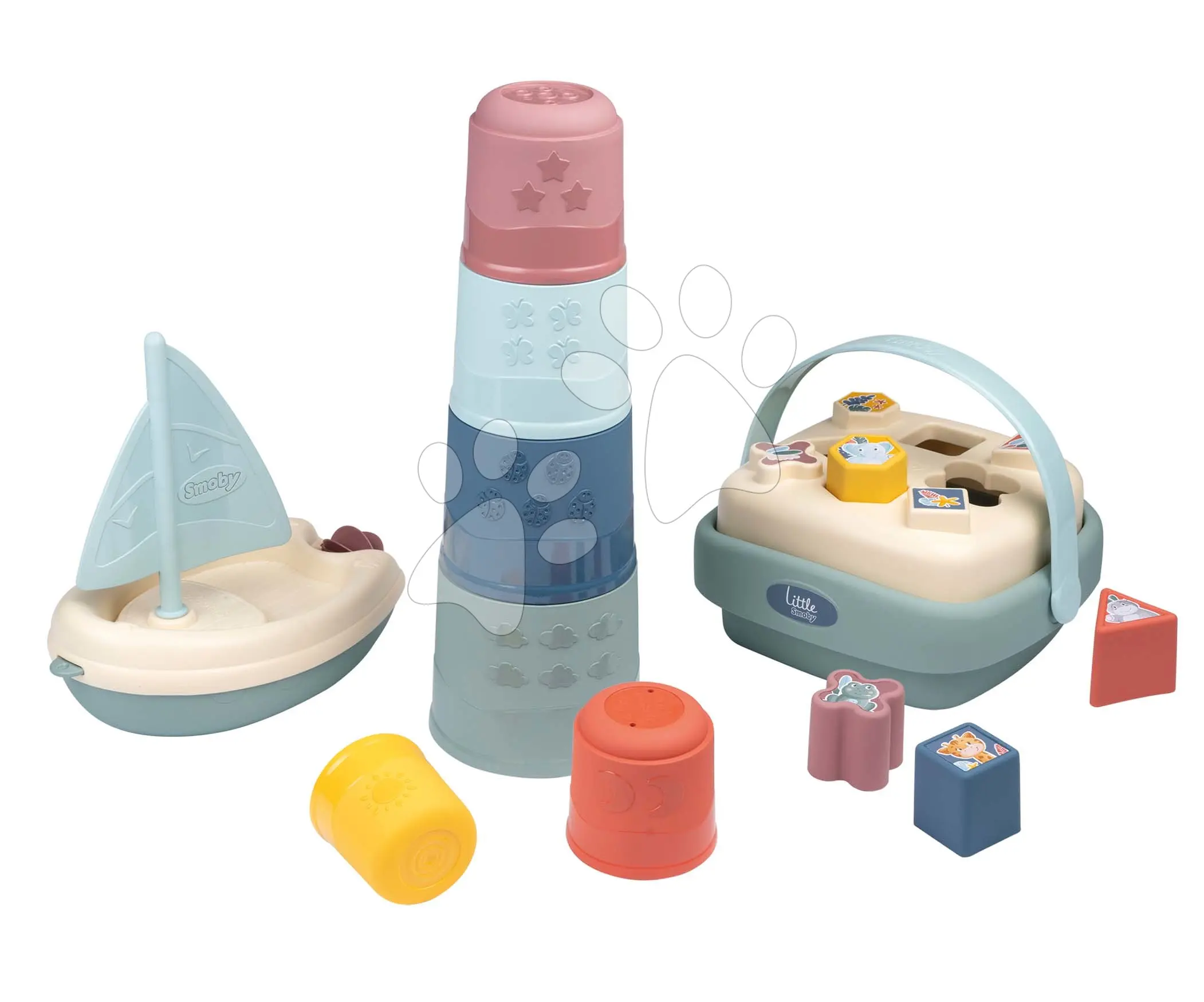 Didaktický košík s plachetnicí a skládací věží Awakenings and Bath Set Little Smoby s 8 kostkami a 6 kelímky pro jemnou motoriku od 12 měsíců