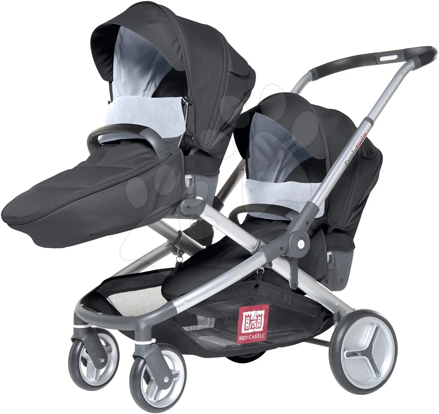 Red Castle kočárek Evolutwin® pro 2 děti černý, polohovatelný s kompletní výbavou a pláštěnkou 142009