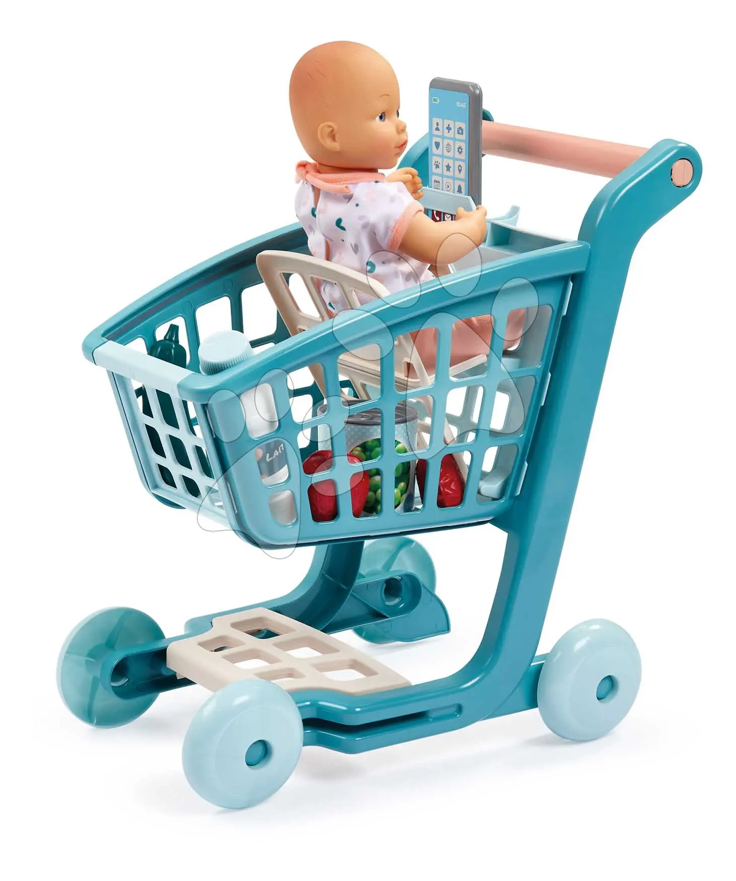 Nákupní vozík s panenkou 30 cm Trolley Doll Vert Azur Écoiffier 8 doplňků se smartphonem od 18 měsíců