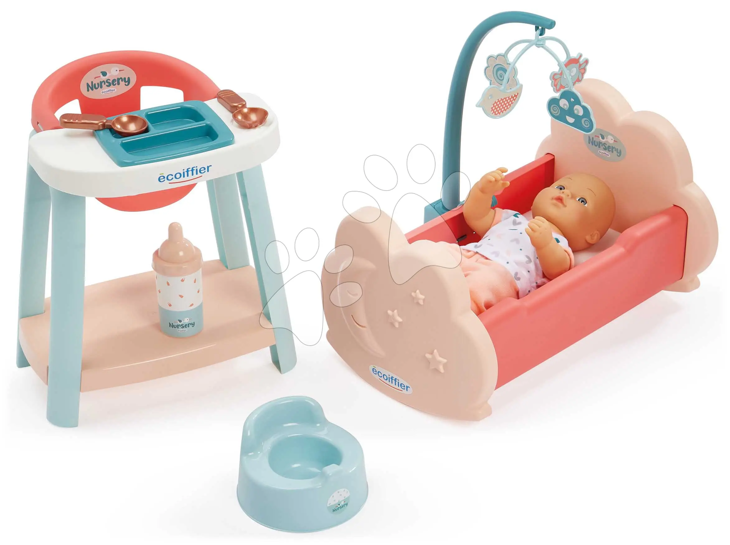 Pečovatelská sada s panenkou 30 cm Nursery Écoiffier jídelní židlička s postýlkou a nočníkem, 8 doplňků od 18 měsíců