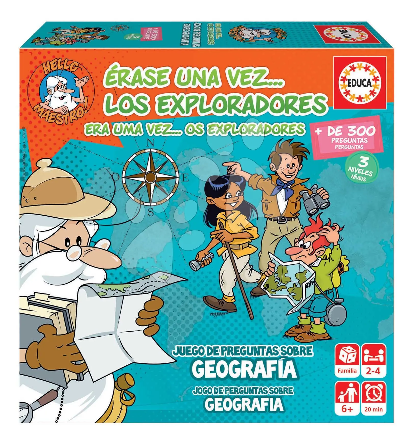 Společenská hra znalostní Once upon a time The Explorers Educa Učíme se o geografii 300 otázek ve španělštině a portugalštině od 6 let