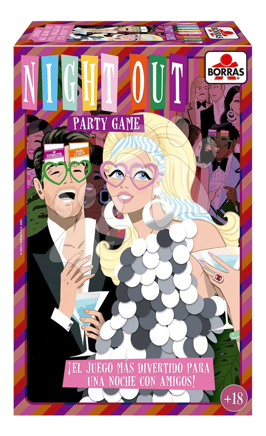 Společenská hra Party Night Out Educa Uhádni postavu a aktivitu s brýlemi ve španělštině od 18 let