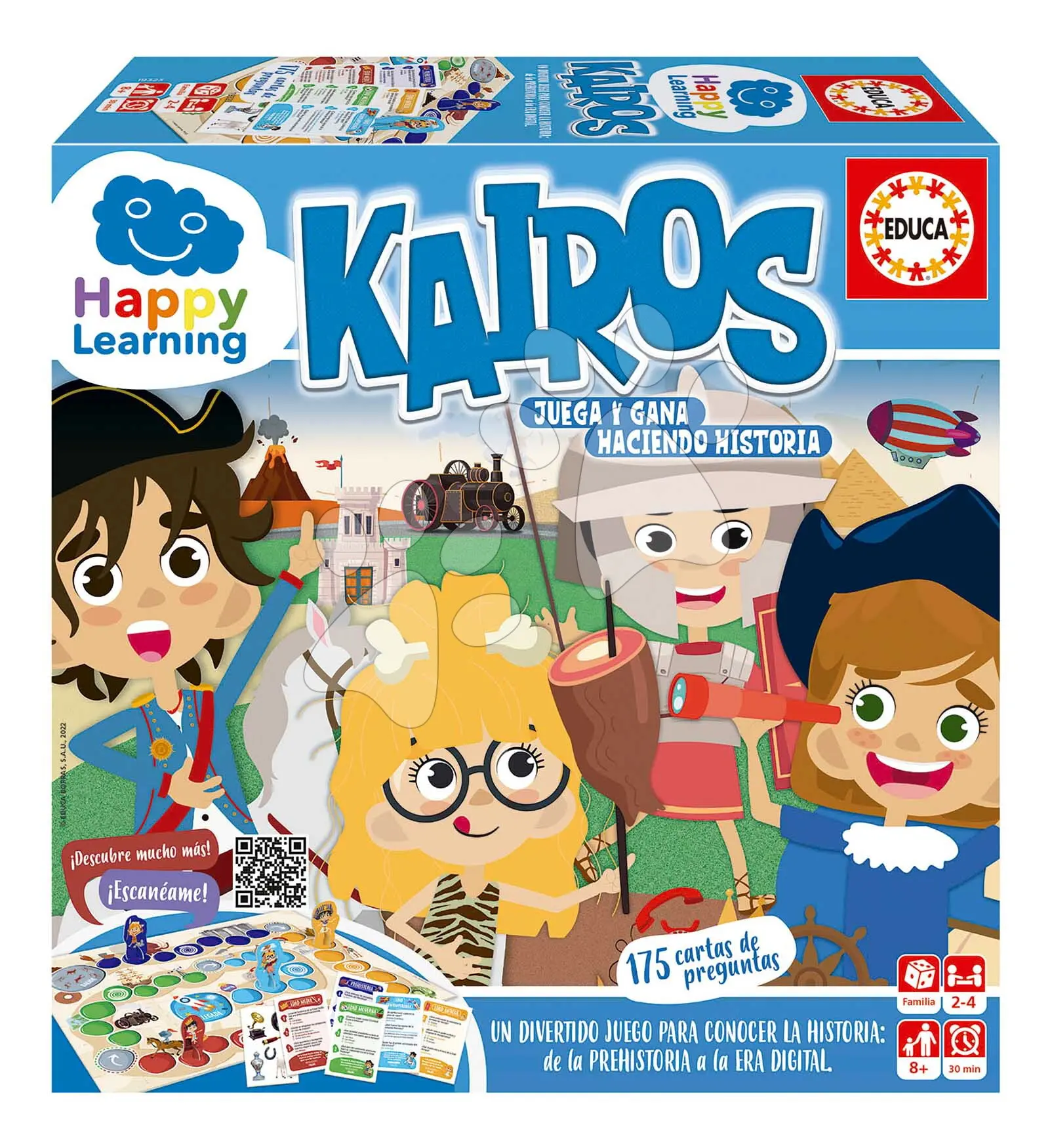 Naučná hra Cesta historií Kairos Happy Learning Educa pro 2–4 hráče 175 karet s otázkami ve španělštině od 8 let