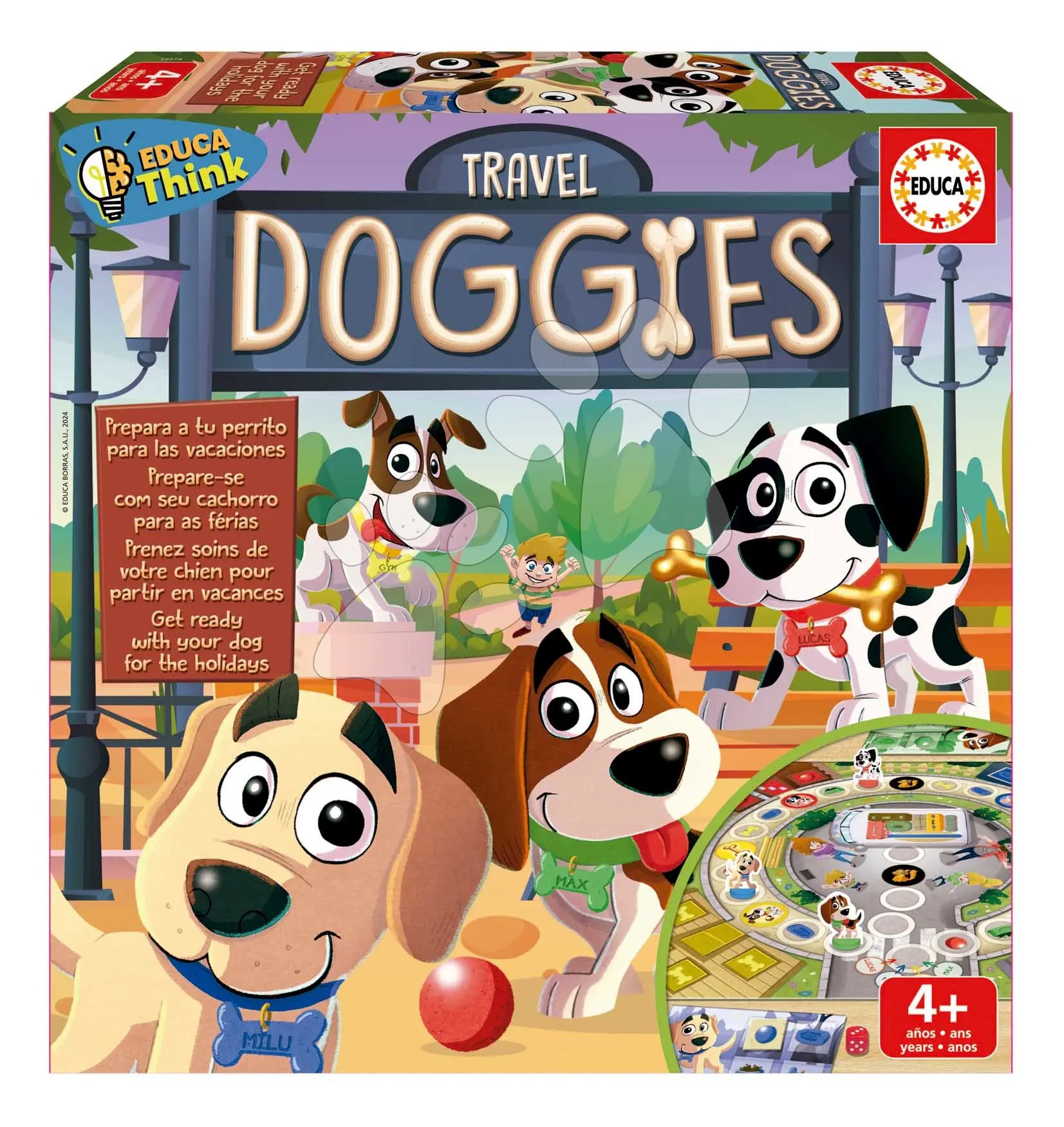Společenská hra Cestování s pejsky Travel Doggies Educa hrací deska se 4 figurkami a 16 žetony ve španělštině angličtině francouzštině a portugalštině