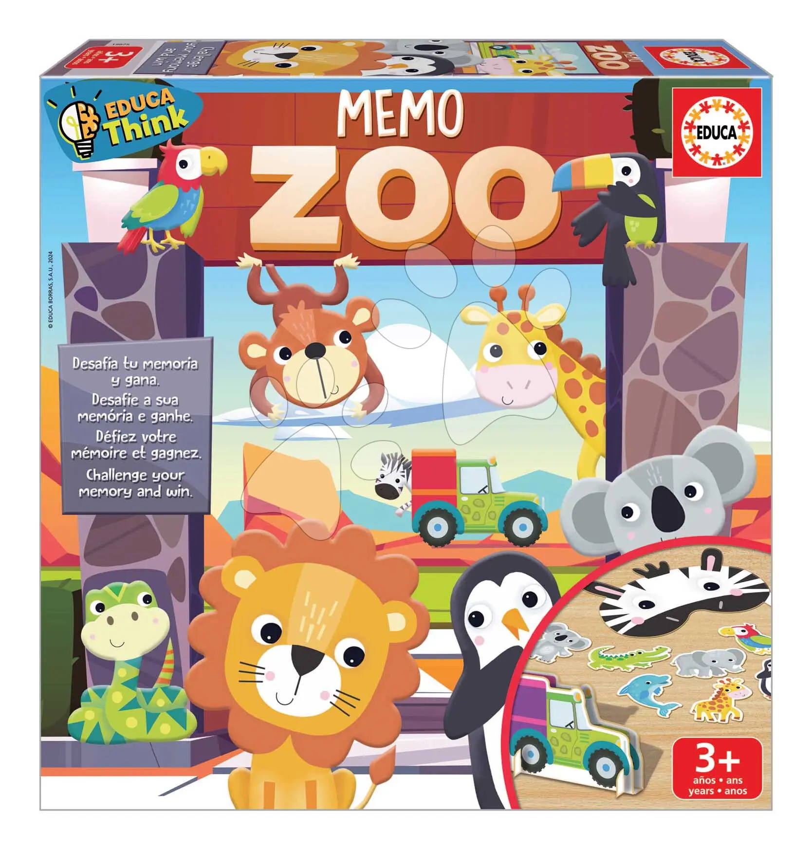 Pexeso se zvířátky a maskami Memo Zoo Educa pro 2–4 hráče ve španělštině, angličtině, francouzštině a portugalštině