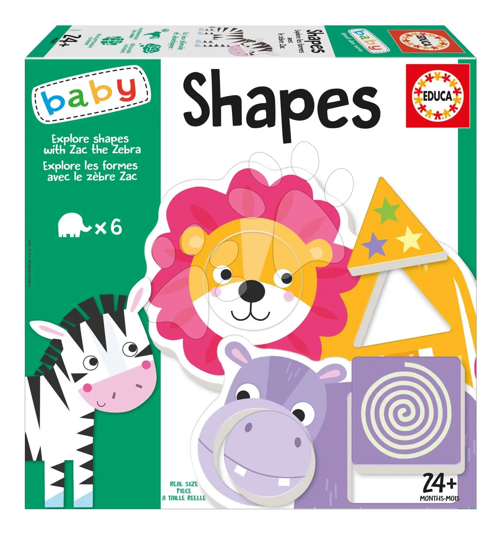 Naučná hra pro nejmenší Explore shapes with Zebra Zac Educa Učíme se tvary se zvířátky v angličtině a francouzštině od 24 měsíců