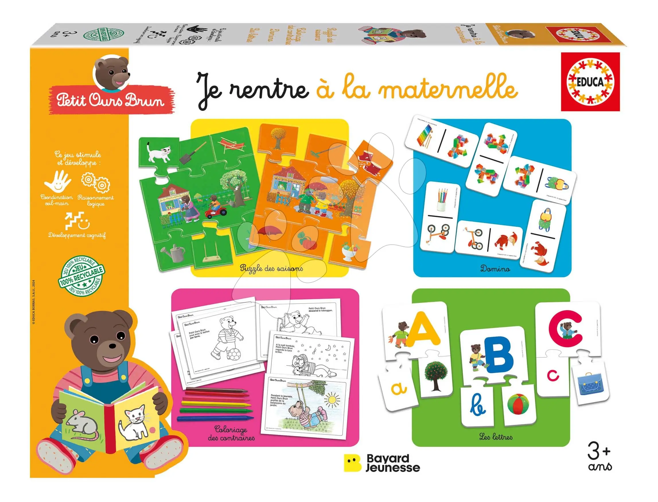 Naučné hry pro nejmenší 4v1 Petit Ours Brun Educa puzzle domino vybarvování obrázků a první písmenka