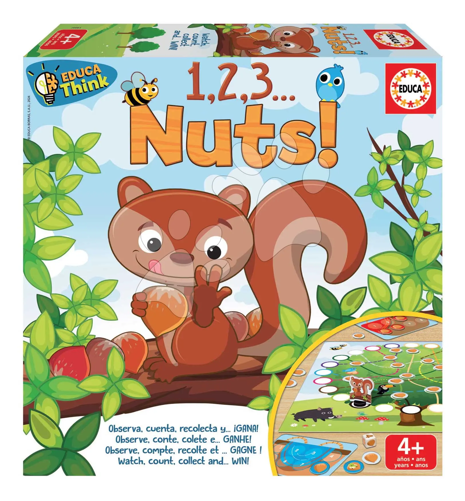 Společenská hra Sbírání oříšků Think 1,2,3 Nuts Educa pro 2–4 hráče ve španělštině angličtině francouzštině a portugalštině od 4 let