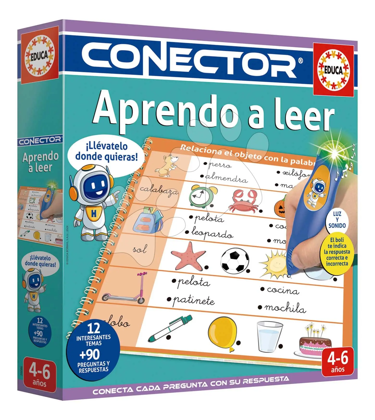 Společenská hra Učíme se číst Aprendo a leer Conector Educa s inteligentním perem se zvukem a světlem 90 otázek ve španělštině od 4 let