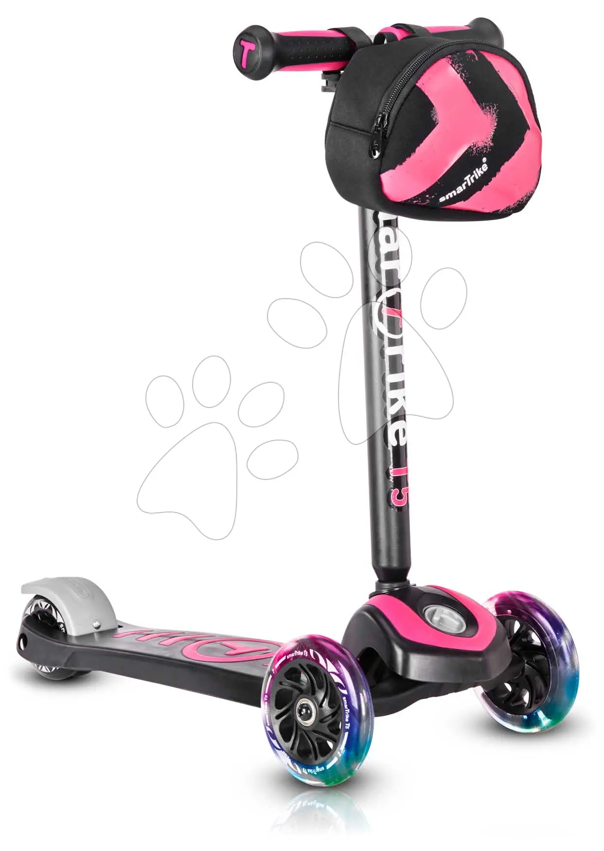 Koloběžka tříkolová se svítícími koly a batohem T5 Pink smarTrike s nastavitelnými řídítky nosnost 20 kg