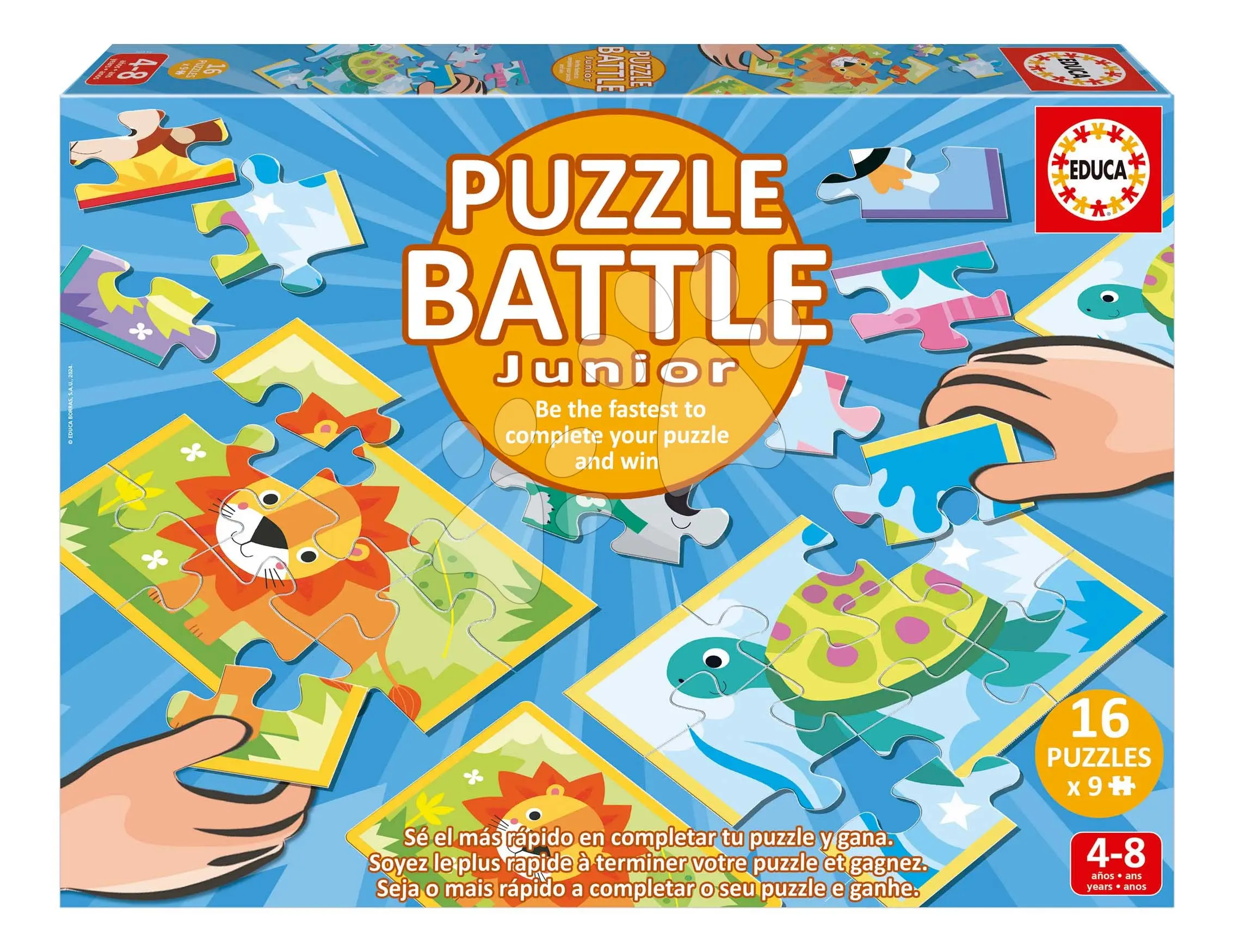 Puzzle Battle zvířátka Animals Junior Educa 16 druhů puzzle 144 dílků a 16 karet s obrázky od 4 let