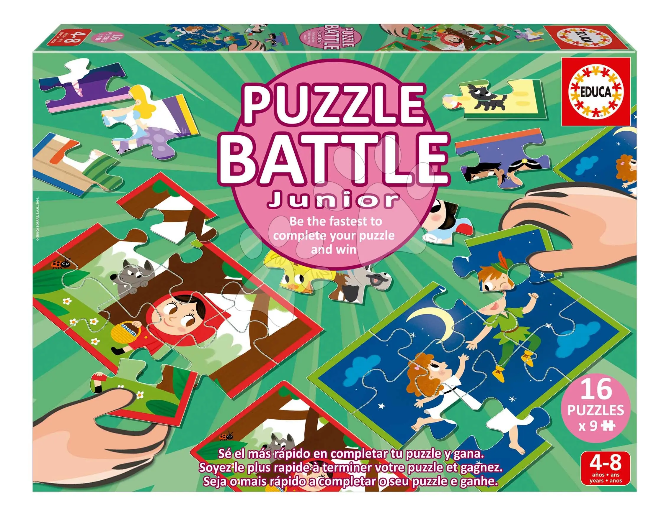 Puzzle Battle pohádky Stories Junior Educa 16 druhů puzzle 144 dílků a 16 karet s obrázky od 4 let