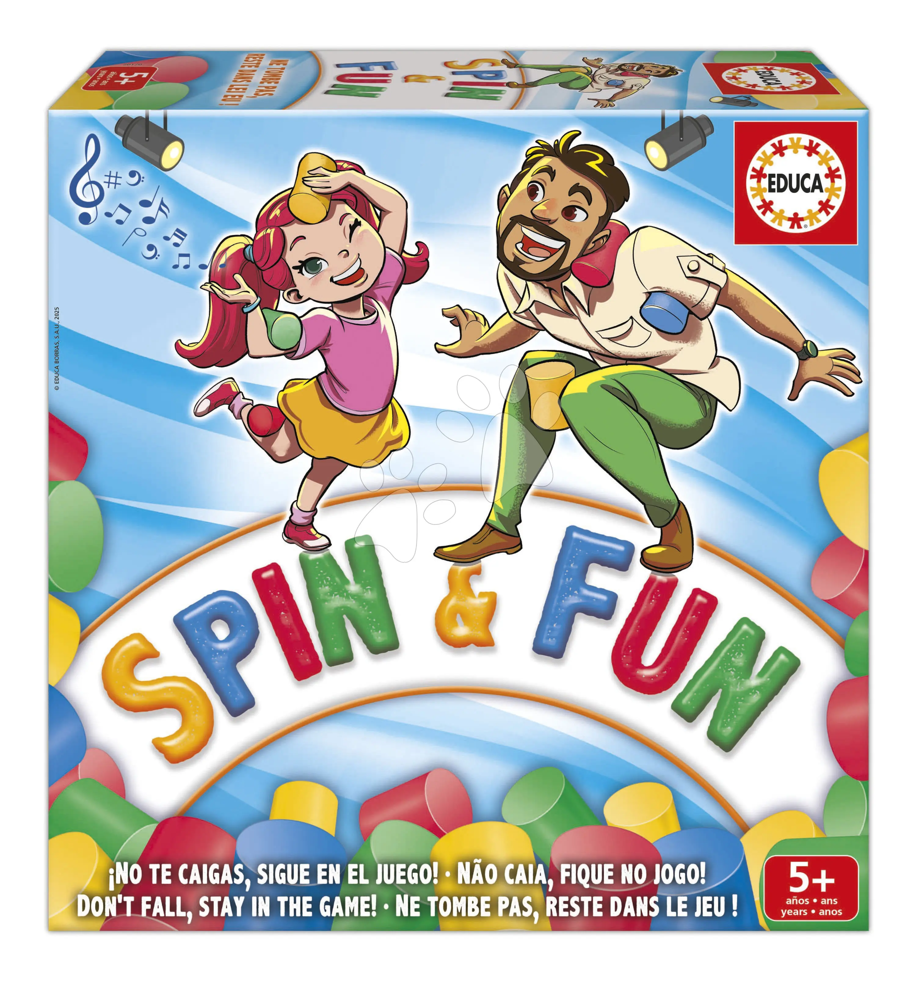 Rodinná hra Rovnováha s pěnovými válci Spin & Fun Educa pro 2–4 hráče ve španělštině, angličtině, francouzštině a portugalštině od 5 let