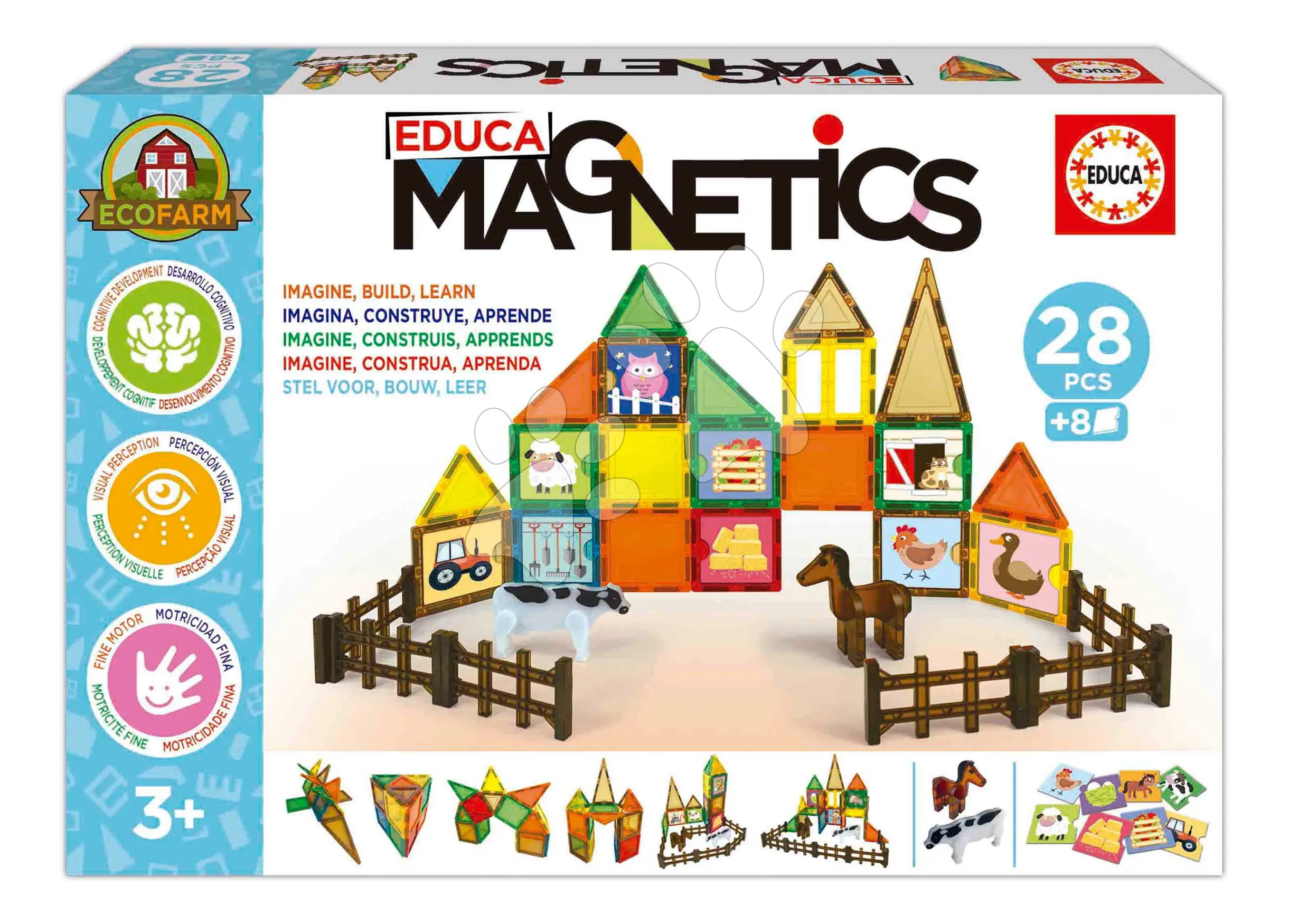 Stavebnice magnetická Ekologická farma Magnetics Eco Farm Educa 28 barevných dílků se 2 figurkami zvířátek