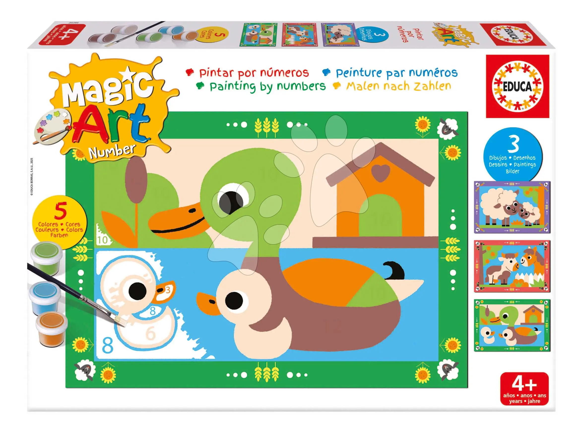 Malování podle čísel Farma Magic Art Number Farm Educa 3 obrázky s 5 barvami štětcem a paletou od 4 let