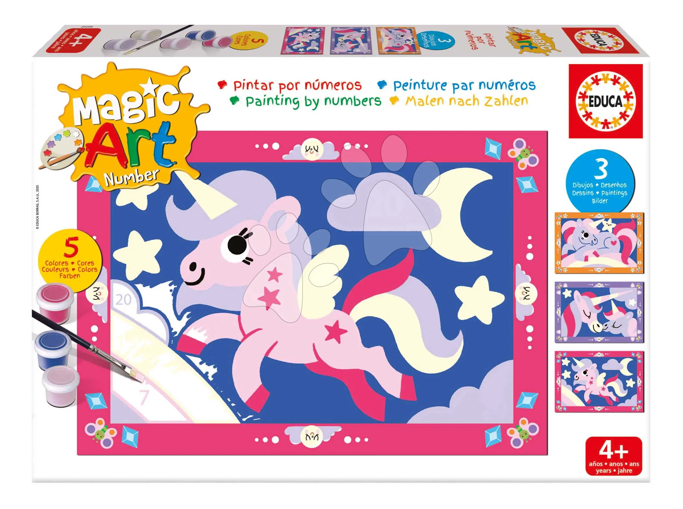 Malování podle čísel Jednorožci Magic Art Number Unicorns Educa 3 obrázky s 5 barvami štětcem a paletou od 4 let