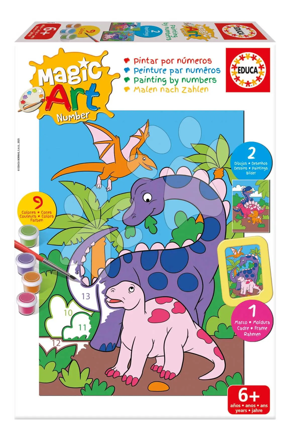 Malování podle čísel Svět dinosaurů Magic Art Number Dinosaurs Educa 2 obrázky s rámečkem a 9 barev se štětcem a paletou od 6 let