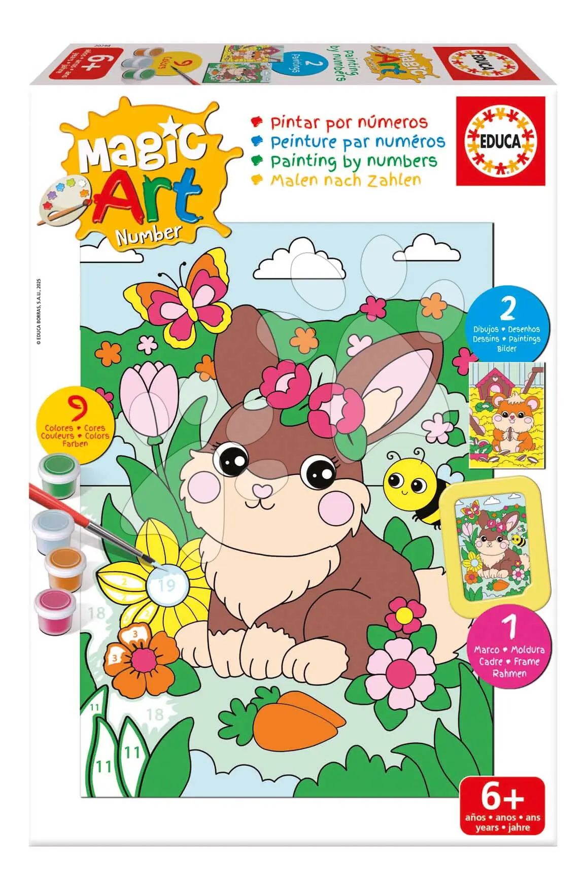 Malování podle čísel Zvířátka Magic Art Number Pets Educa 2 obrázky s rámečkem a 9 barev se štětcem a paletou od 6 let