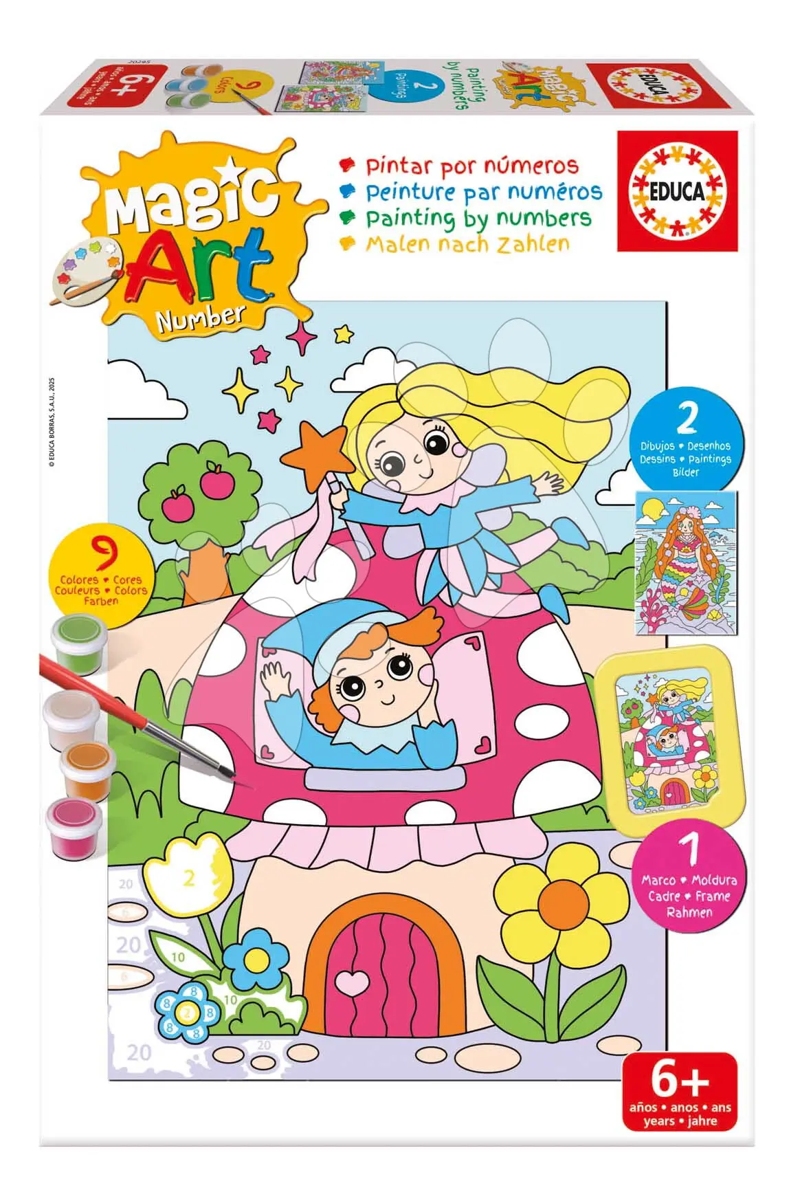 Malování podle čísel Fantazie Magic Art Number Fantasy Educa 2 obrázky s rámečkem a 9 barev se štětcem a paletou od 6 let