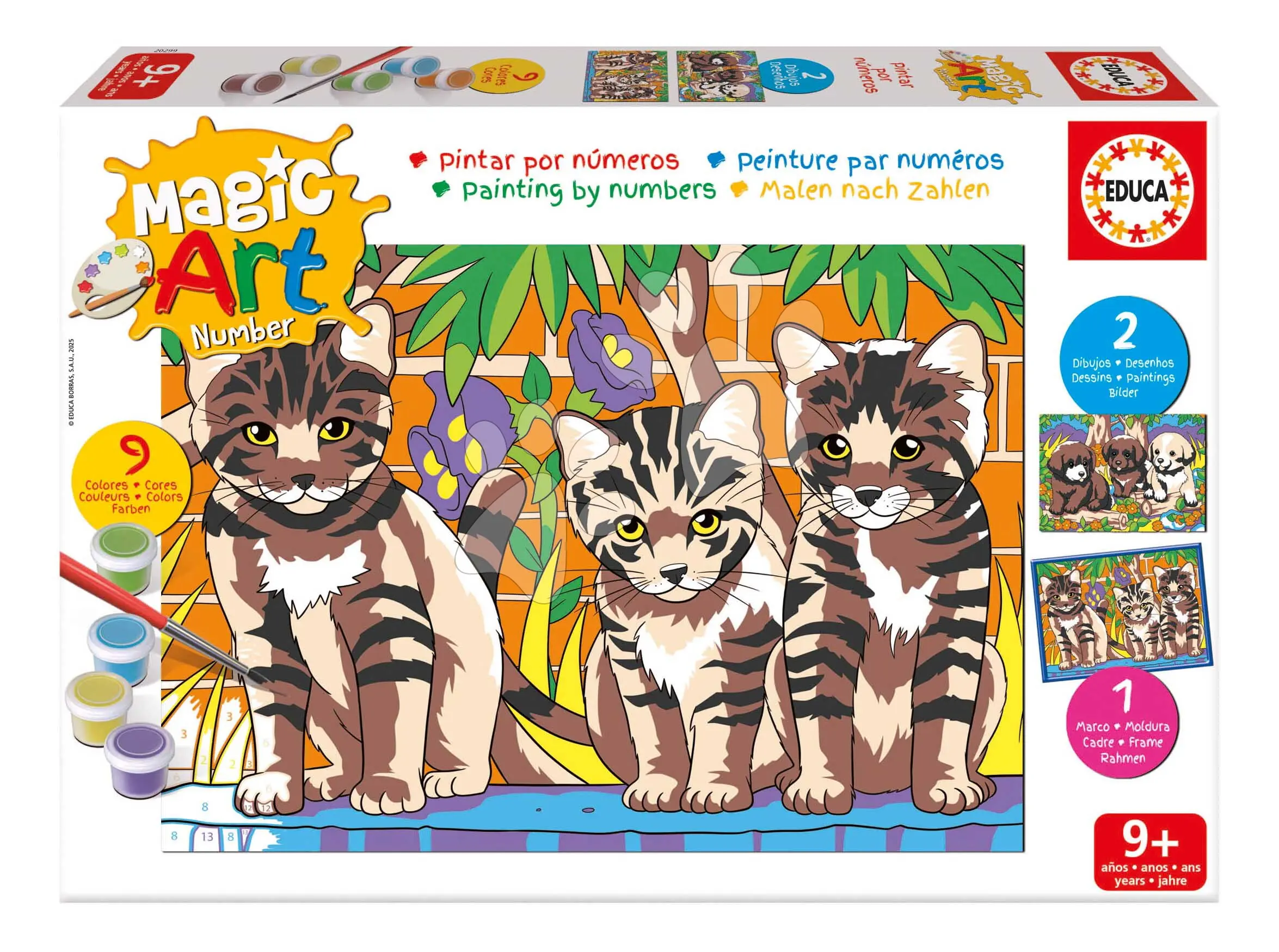 Malování podle čísel Štěňátka a kočičky Magic Art Number Cats & Dogs Educa 2 obrázky s rámečkem a 9 barev se štětcem a paletou od 9 let