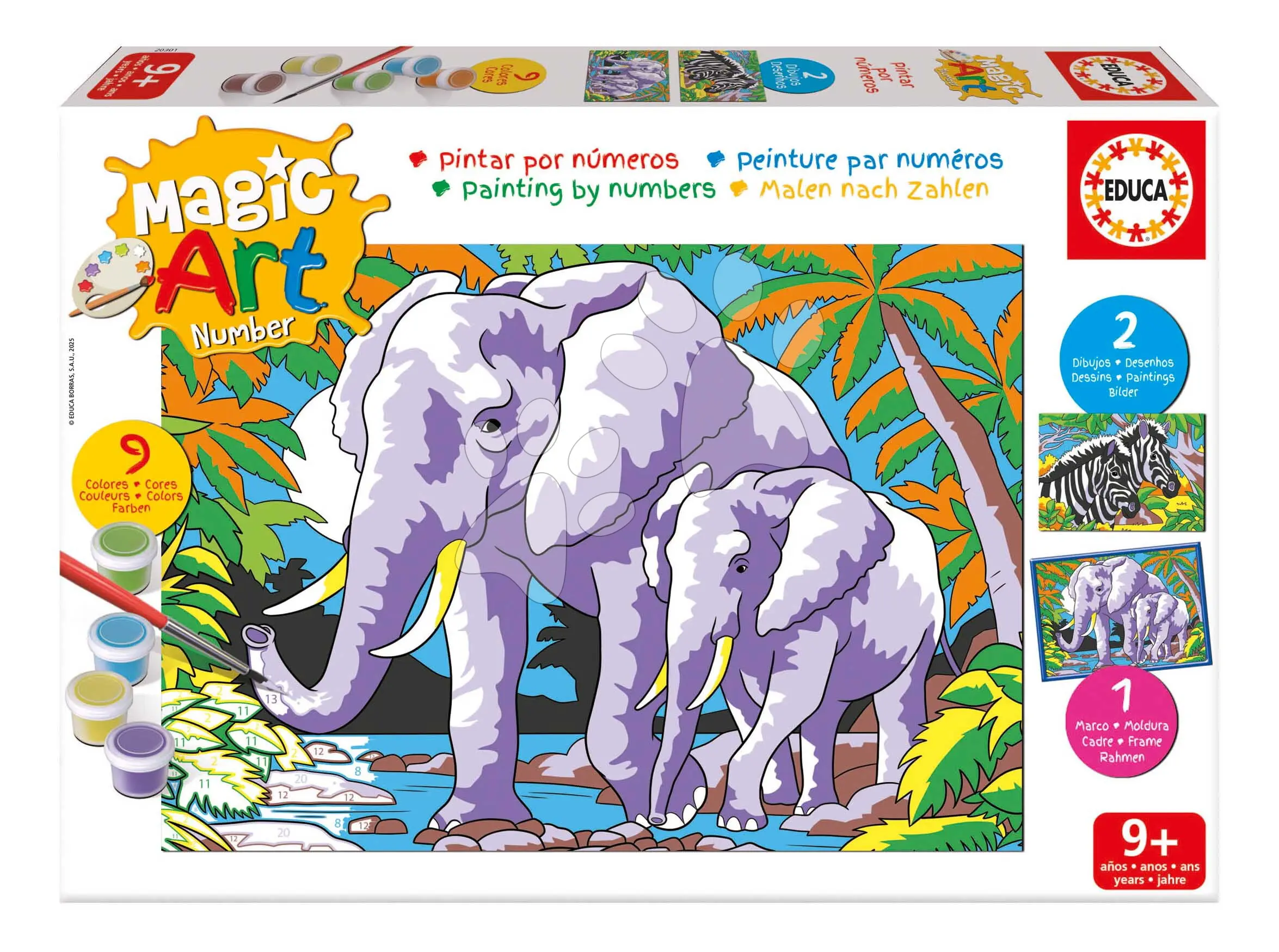 Malování podle čísel Divoká zvířata Magic Art Number Wild Animals Educa 2 obrázky s rámečkem a 9 barev se štětcem a paletou od 9 let