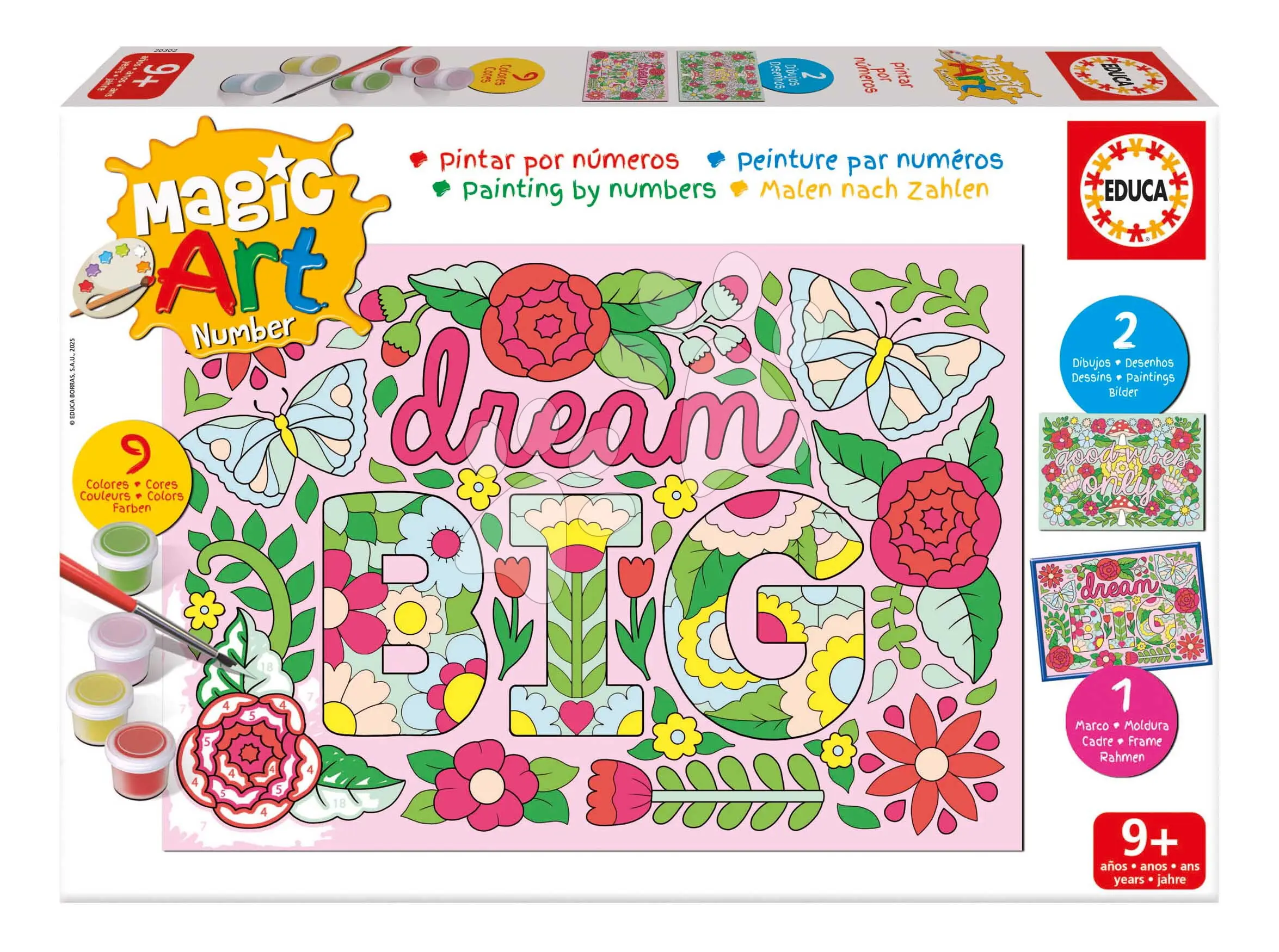 Malování podle čísel Květiny Magic Art Number Flowers Educa 2 obrázky s rámečkem a 9 barev se štětcem a paletou od 9 let
