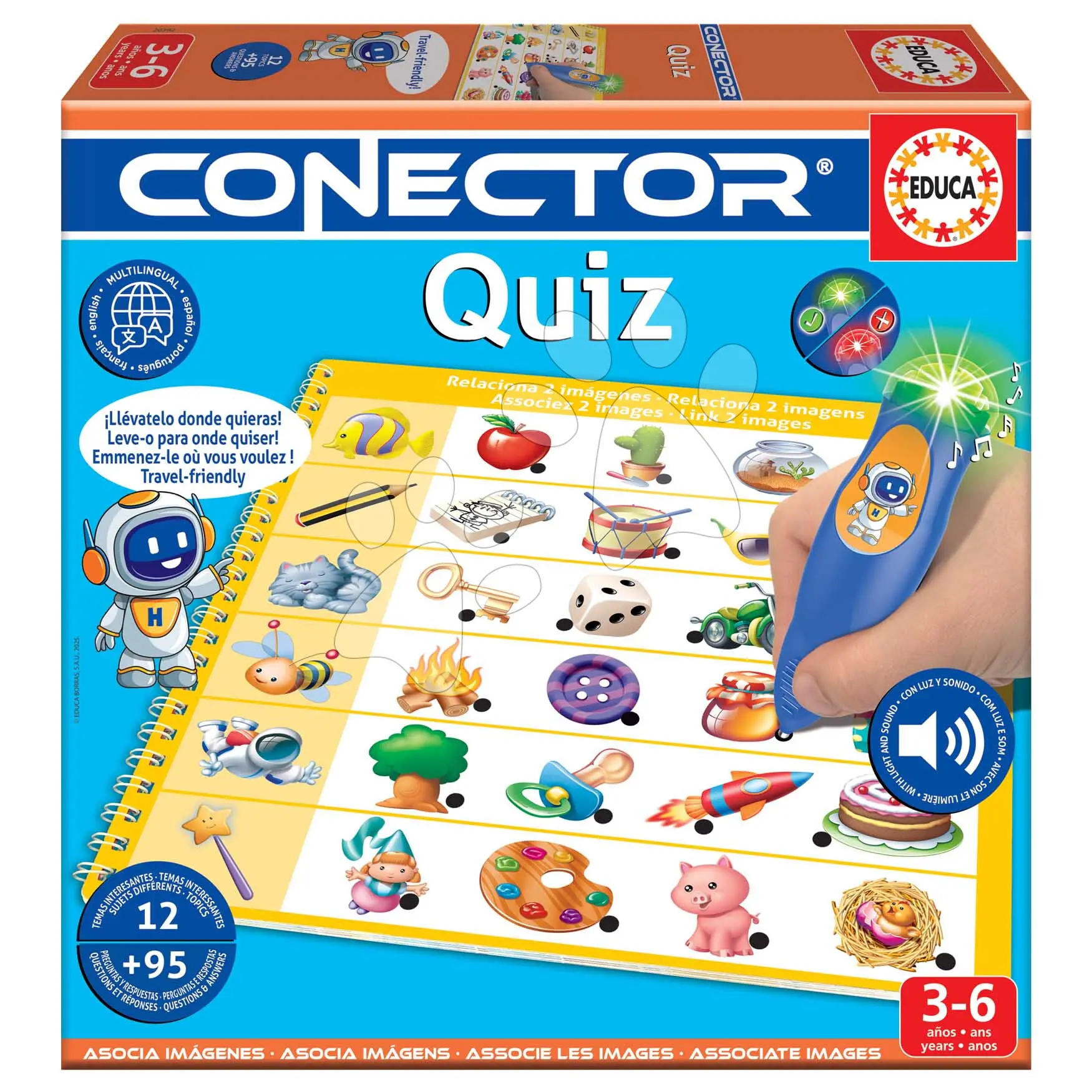 Společenská hra Kvíz Quiz Conector Educa s inteligentním perem se zvukem a světlem 95 otázek ve španělštině, francouzštině, portugalštině a angličtině