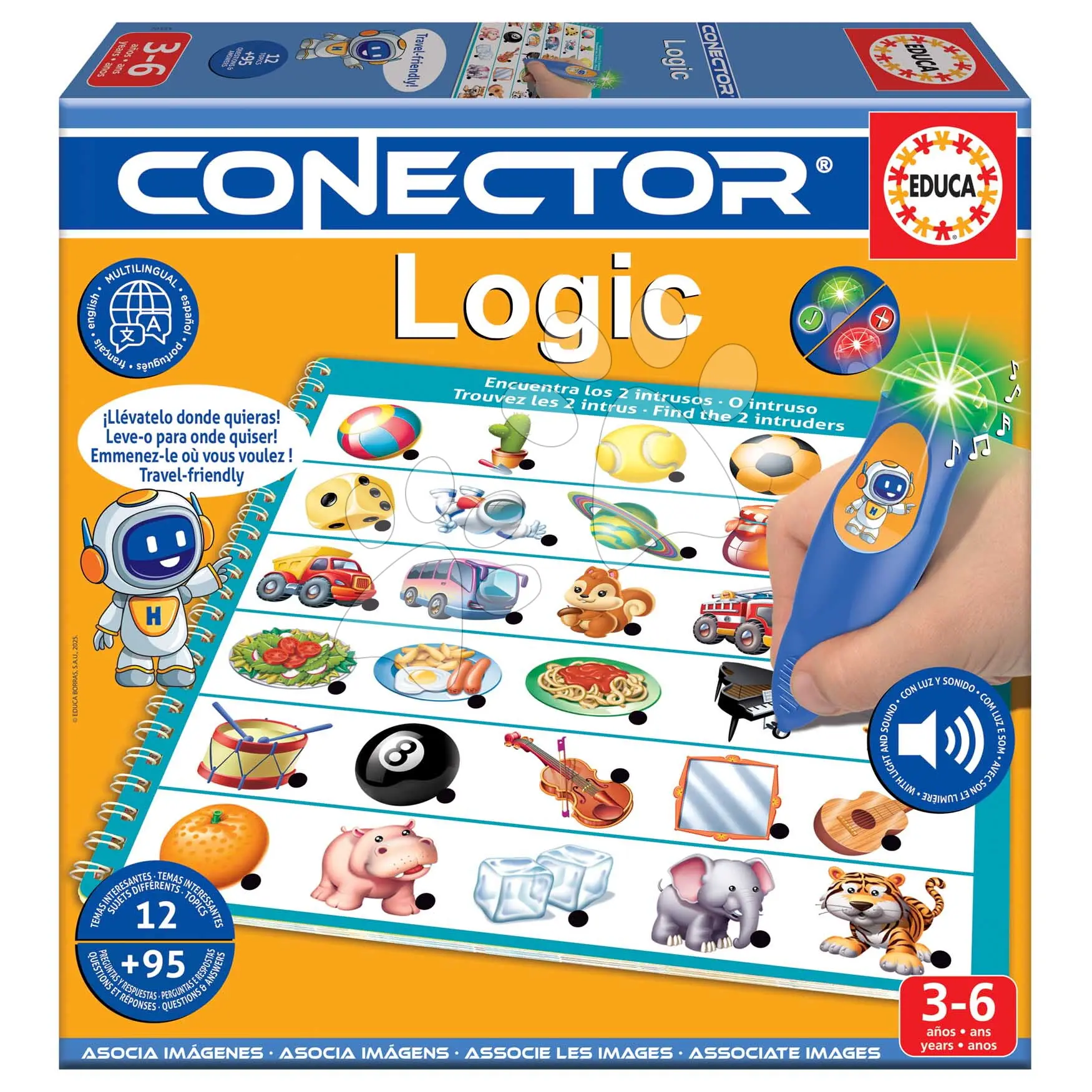 Společenská hra Učíme se logicky myslet Logic Conector Educa s inteligentním perem se zvukem a světlem 95 otázek ve španělštině francouzštině portugalštině angličtině