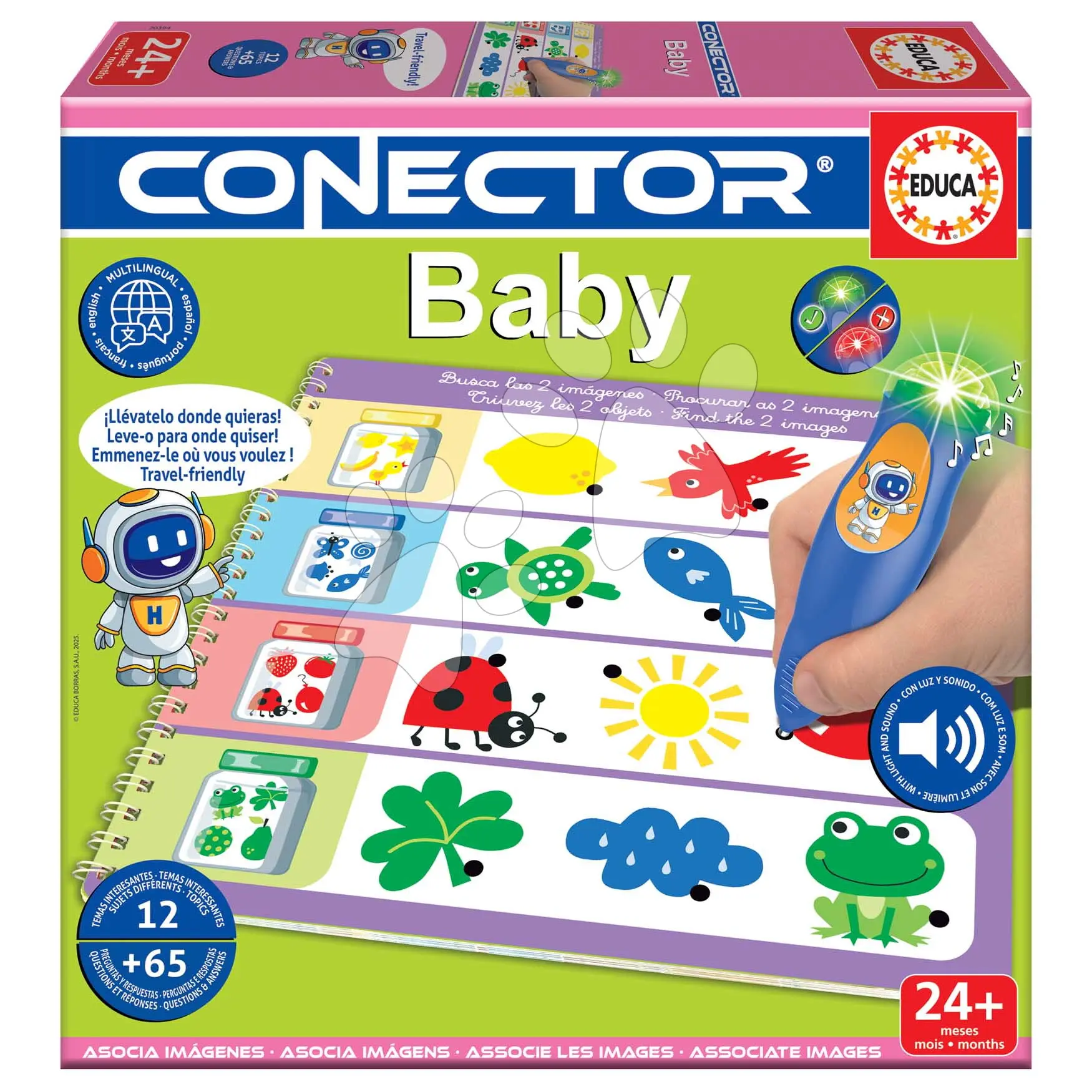 Společenská hra Učíme se s tematickými obrázky Baby Conector Educa s inteligentním perem se zvukem a světlem 65 otázek ve španělštině angličtině francouzštině a portugalštině od 24 měsíců