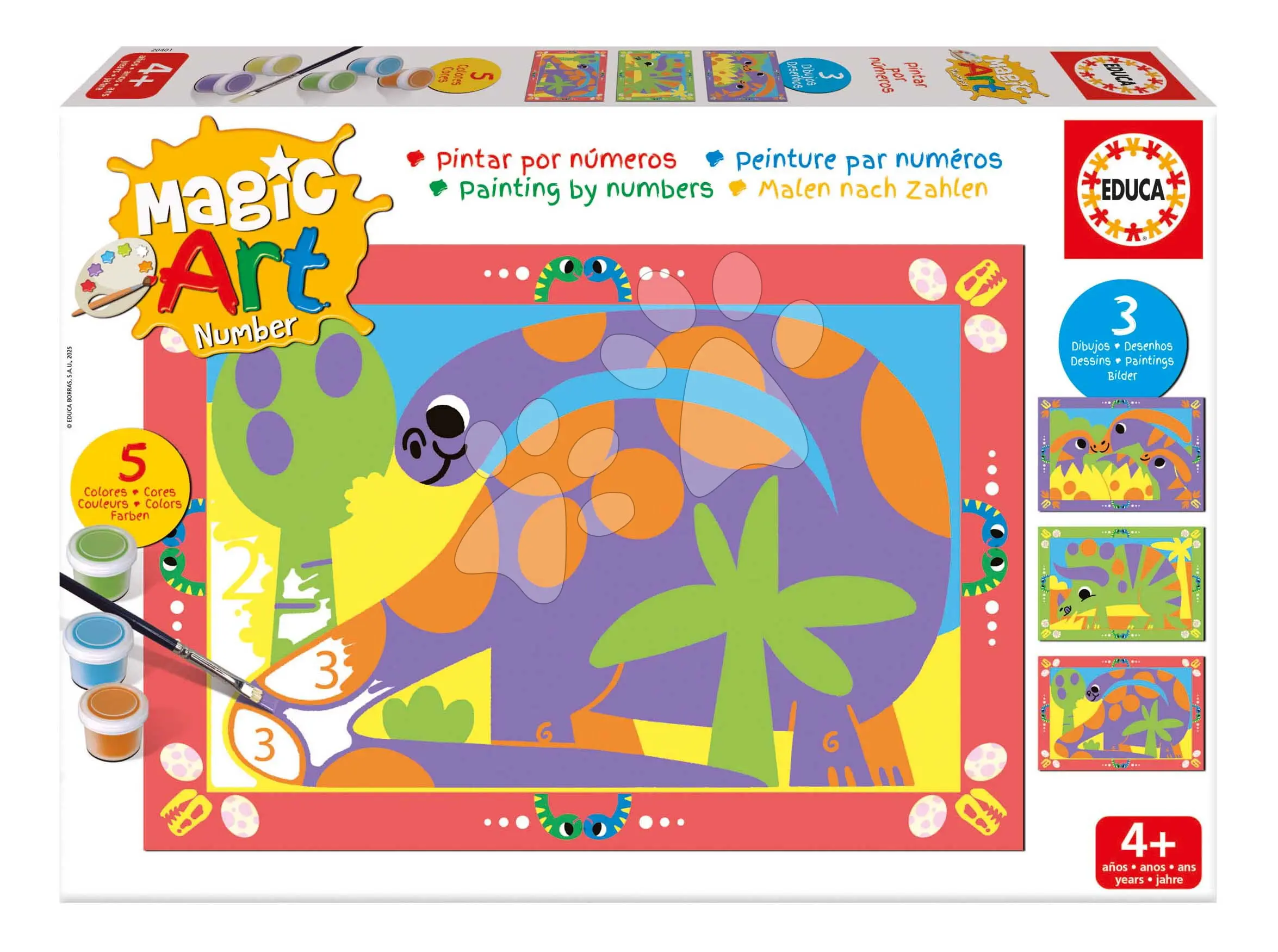 Malování podle čísel Dinosauři Magic Art Number Dinosaurs Educa 3 obrázky s 5 barvami štětcem a paletou od 4 let