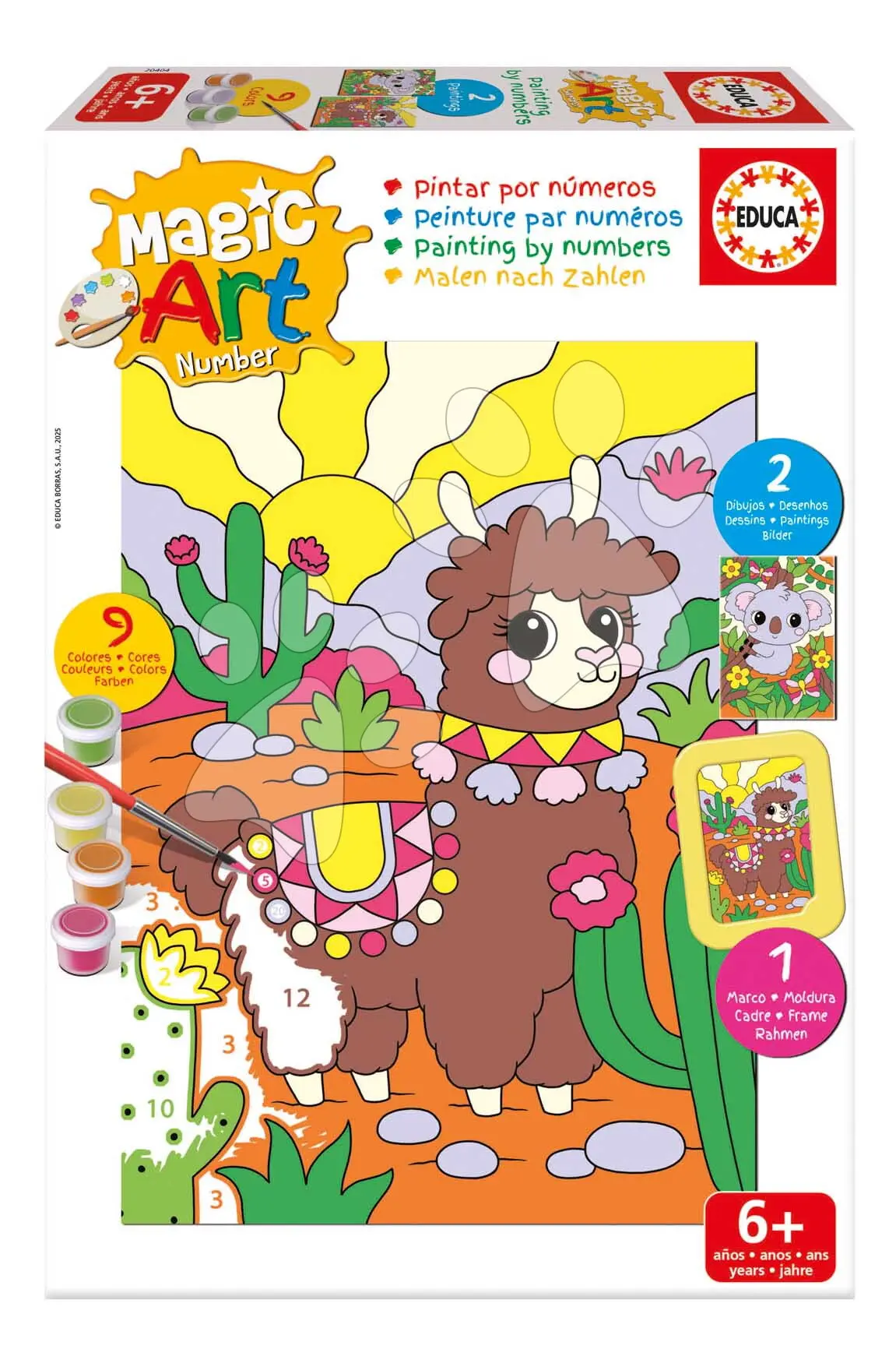 Malování podle čísel Llama & Koala Magic Art Number Educa 2 obrázky s rámečkem a 9 barev se štětcem a paletou od 6 let