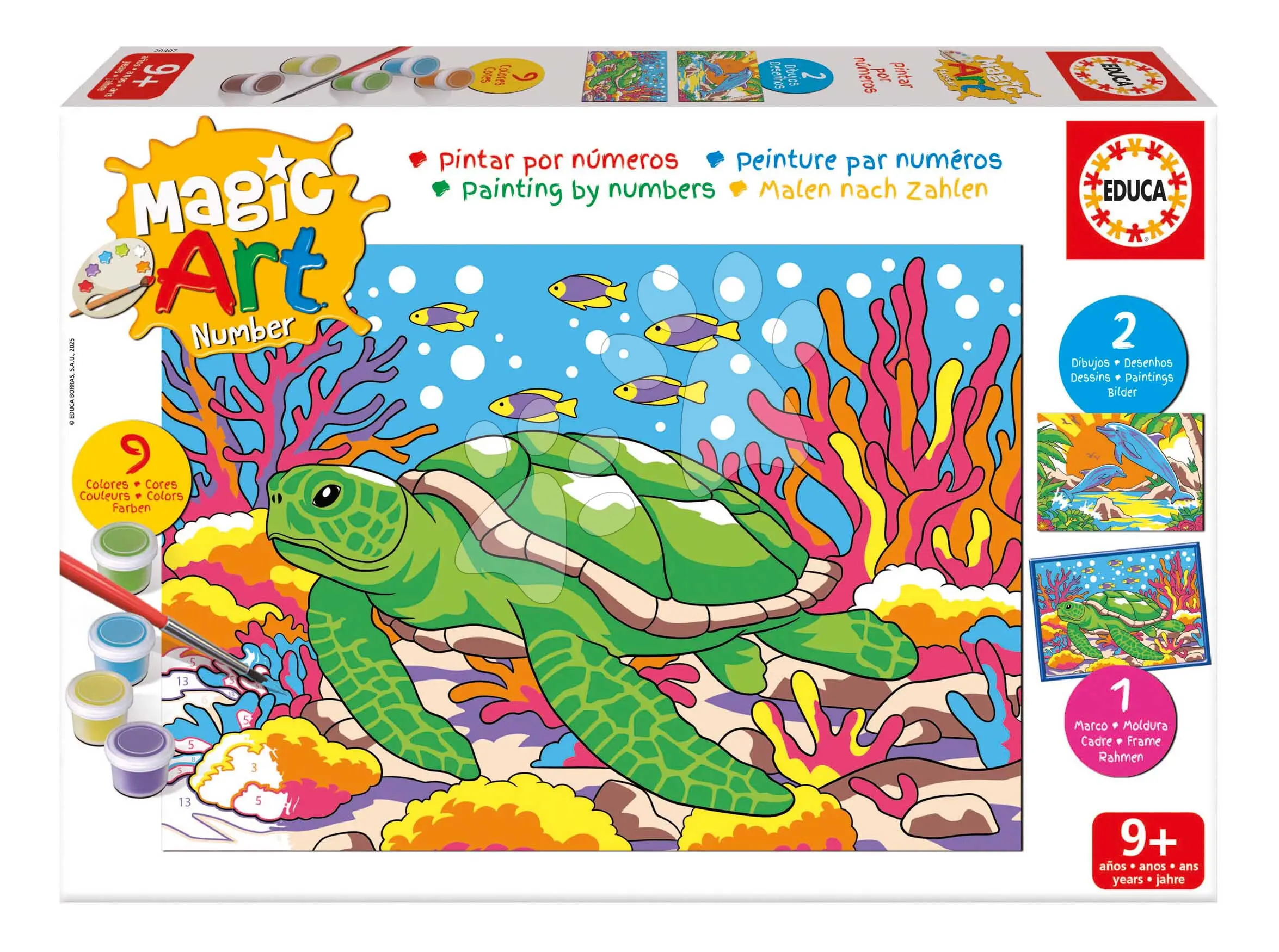 Malování podle čísel Mořští živočichové Magic Art Number Marine Animals Educa 2 obrázky s rámečkem a 9 barev se štětcem a paletou od 9 let