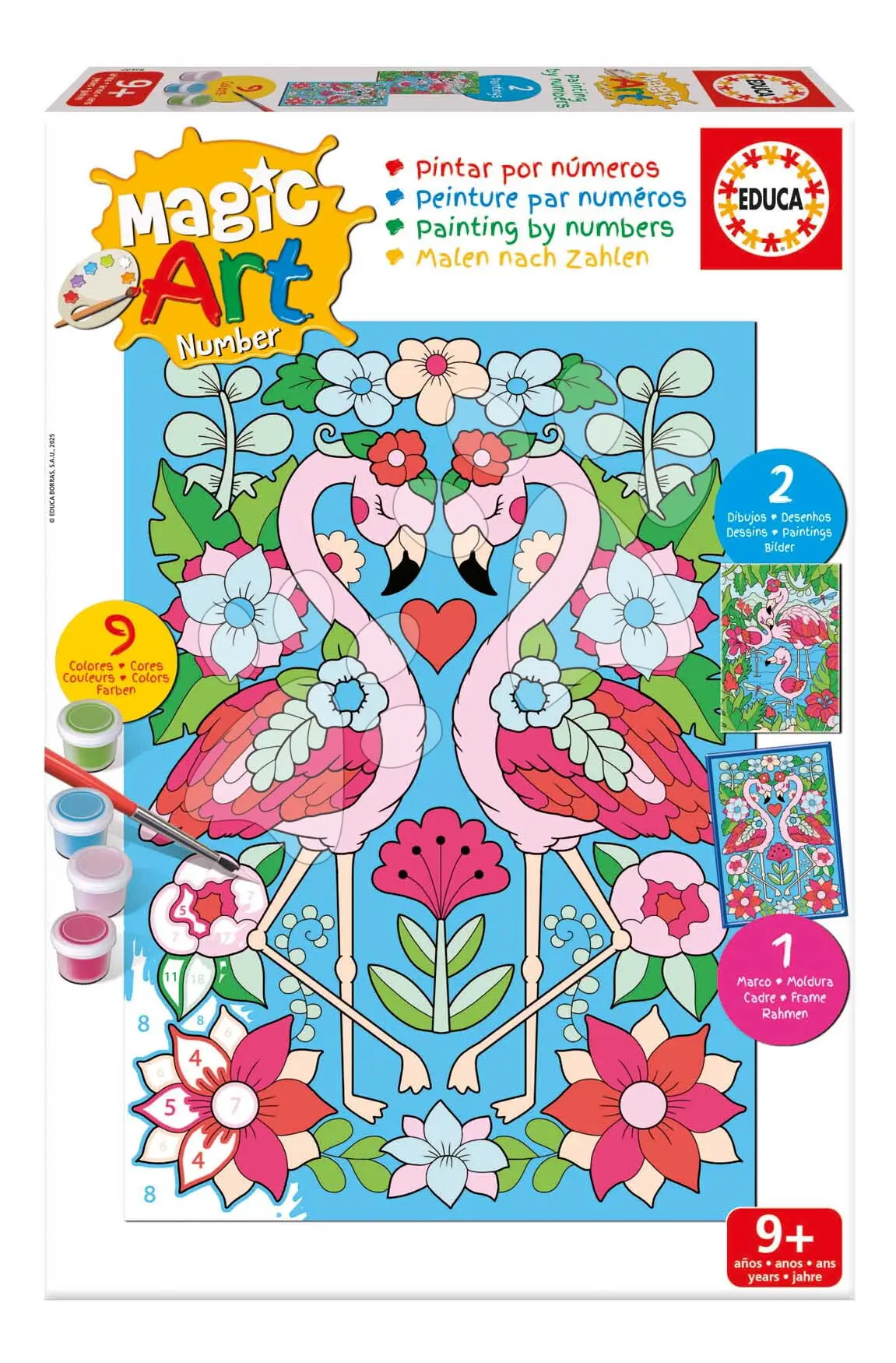 Malování podle čísel Plameňák Magic Art Number Flamingos Educa 2 obrázky s rámečkem a 9 barev se štětcem a paletou od 9 let
