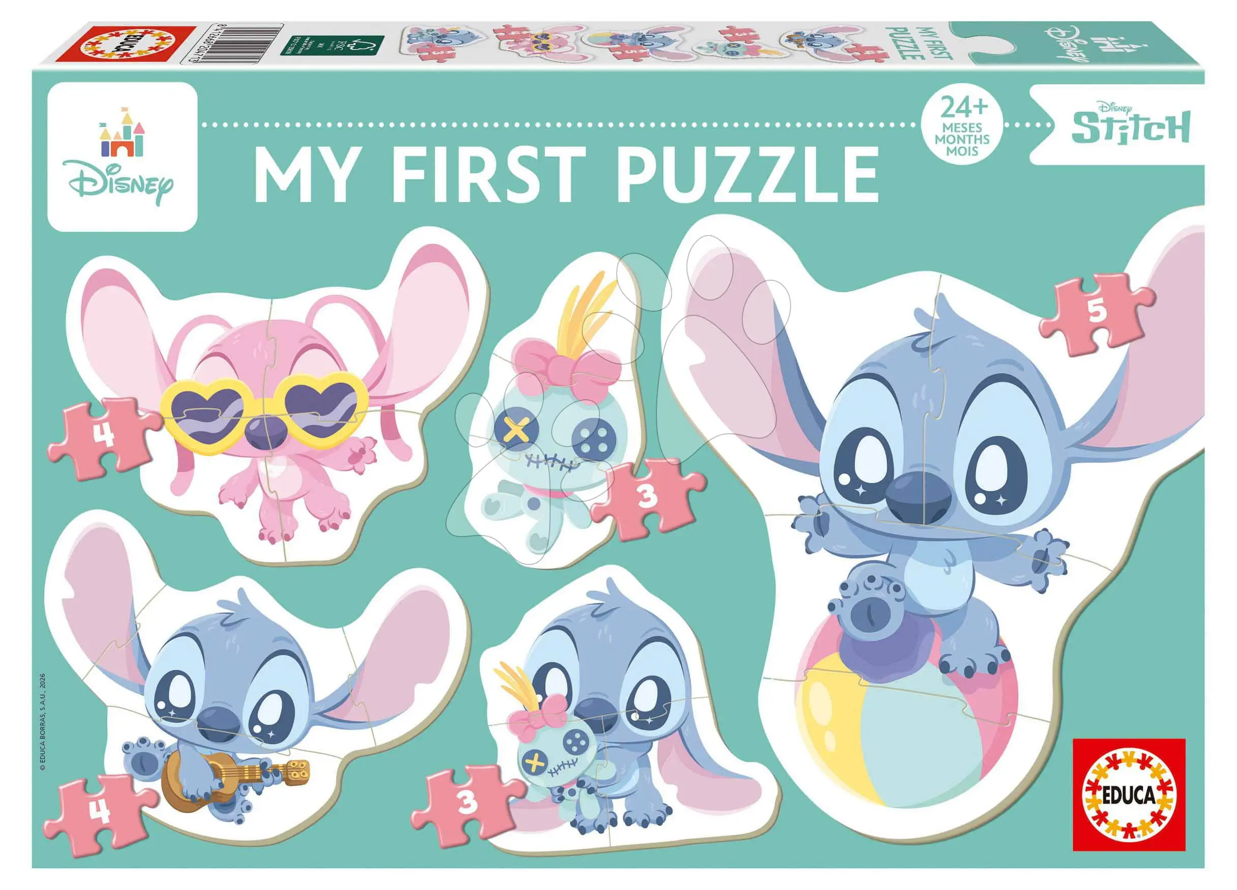 Puzzle pro nejmenší Stitch My First 4 Puzzles Educa progresivní 3-3-4-4-5 dílků od 24 měsíců
