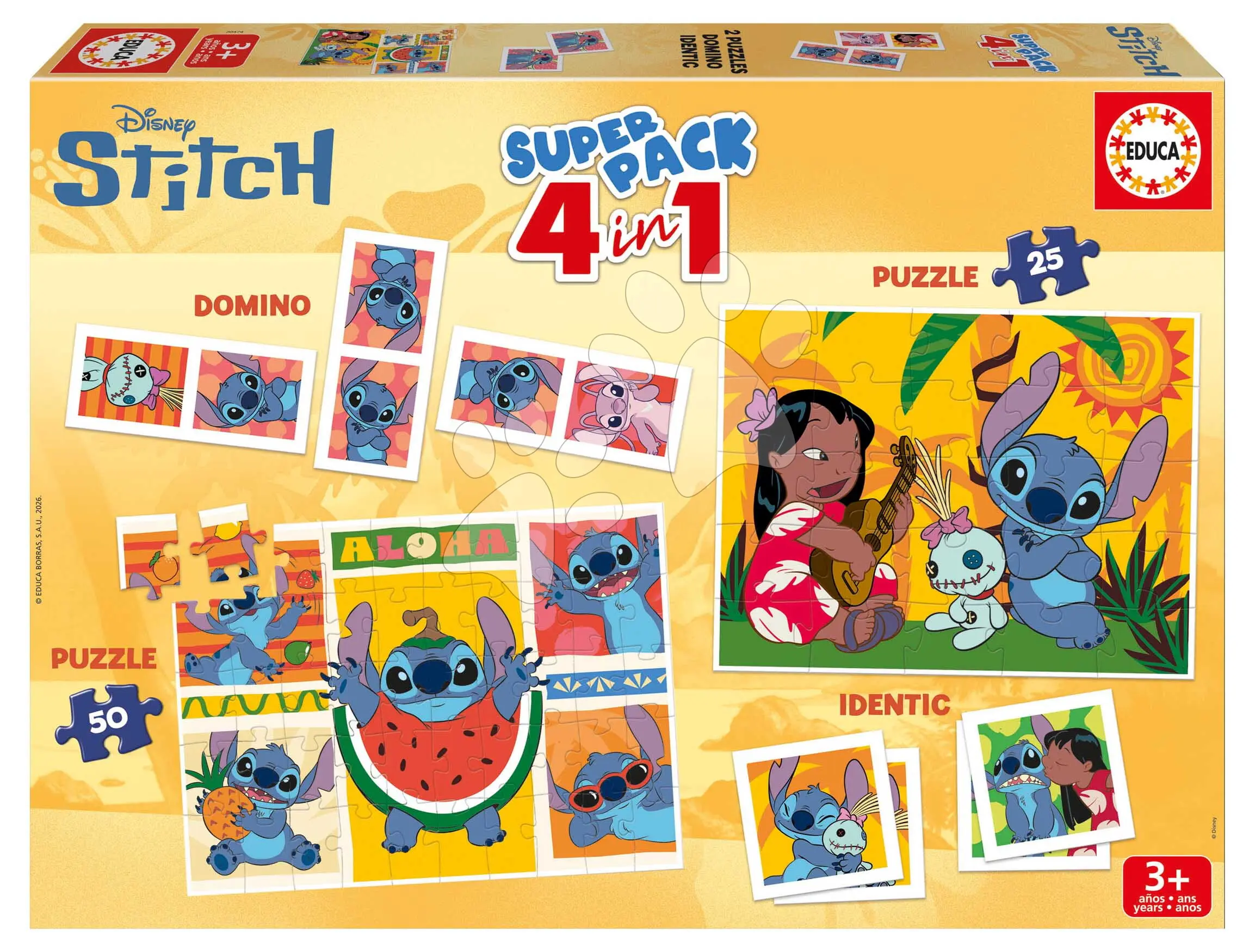 Superpack 4v1 Stitch Educa domino pexeso a puzzle s 25 až 50 dílky