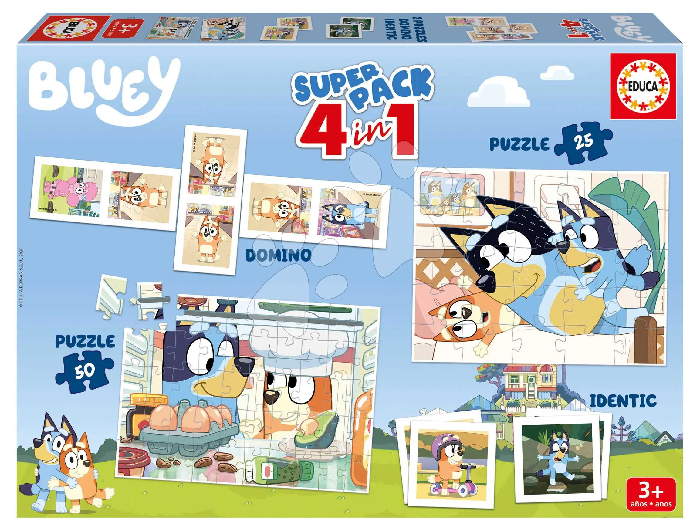 Superpack 4v1 Bluey Educa domino pexeso a puzzle s 25 a 50 dílky