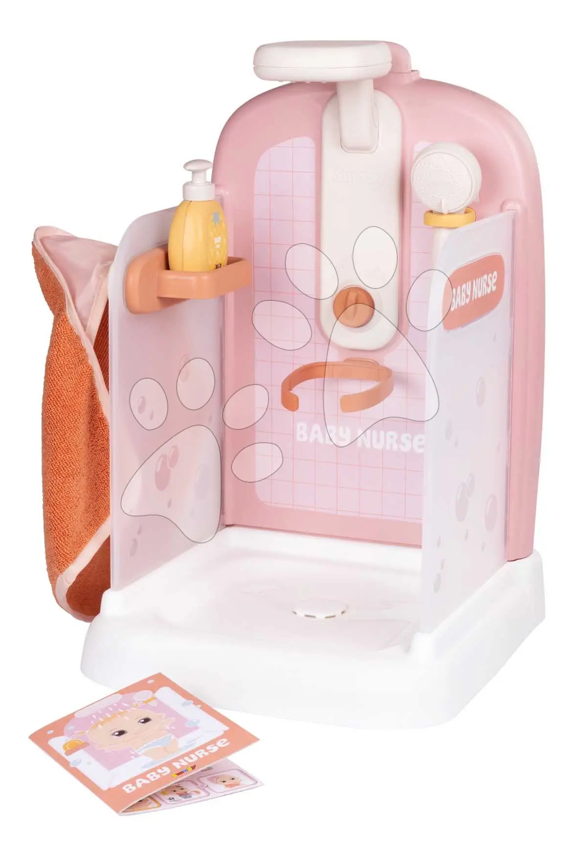 Koupelna s funkční sprchou pro panenky Shower Soft Baby Nurse Smoby s osuškou odnímatelnou sprchovou hlavicí a naučná brožurka