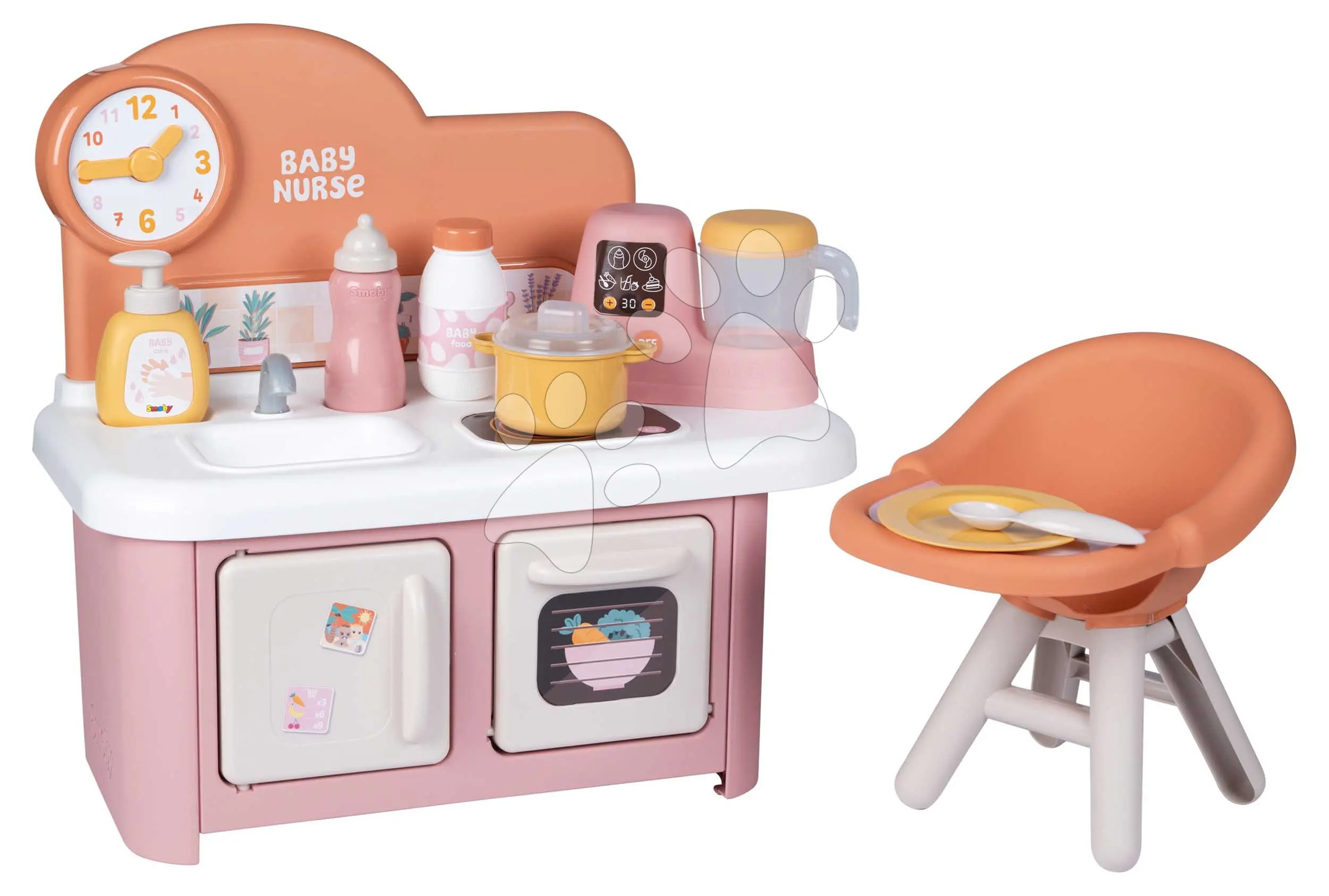 Kuchyňka s jídelní židličkou pro panenku Baby Nurse Kitchen & High Chair Smoby s kuchyňským robotem 7 doplňků od 18 měsíců