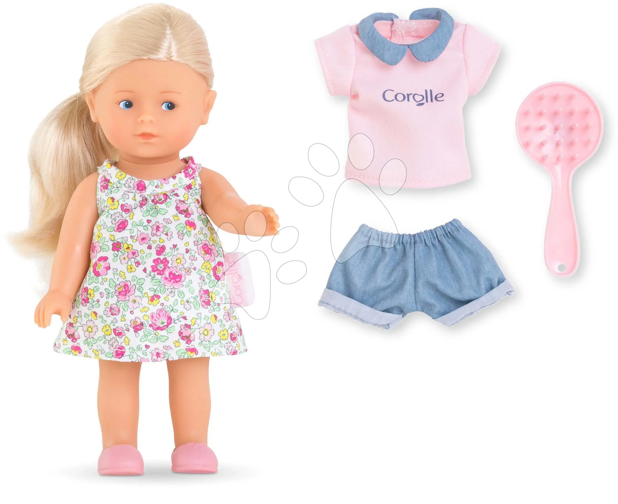 Bábika Rosy Mini World Set Mini Corolline Corolle blond vlasy a modré oči s oblečením 3 doplňky 20 cm