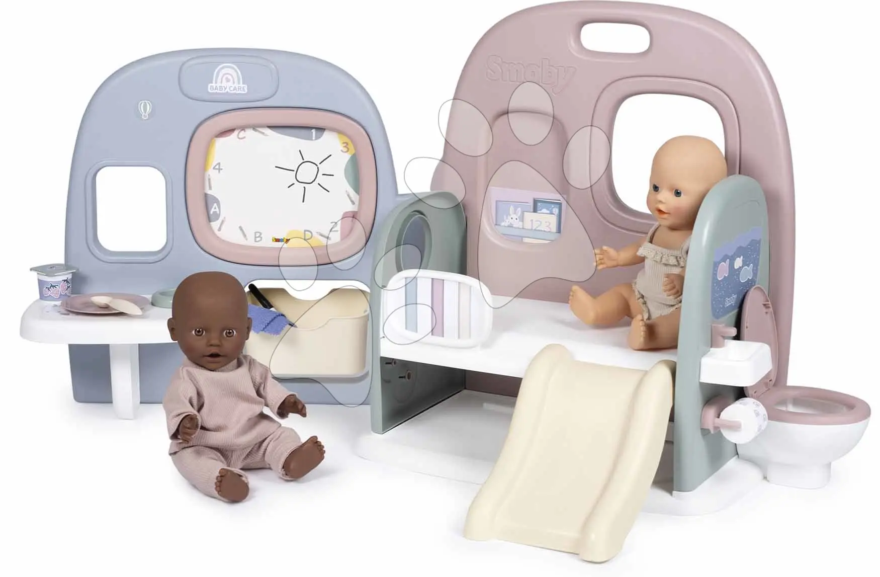 Domeček pro panenku s 5 herními zónami Baby Care Childcare Center Smoby skládací a přenosný se 6 doplňky