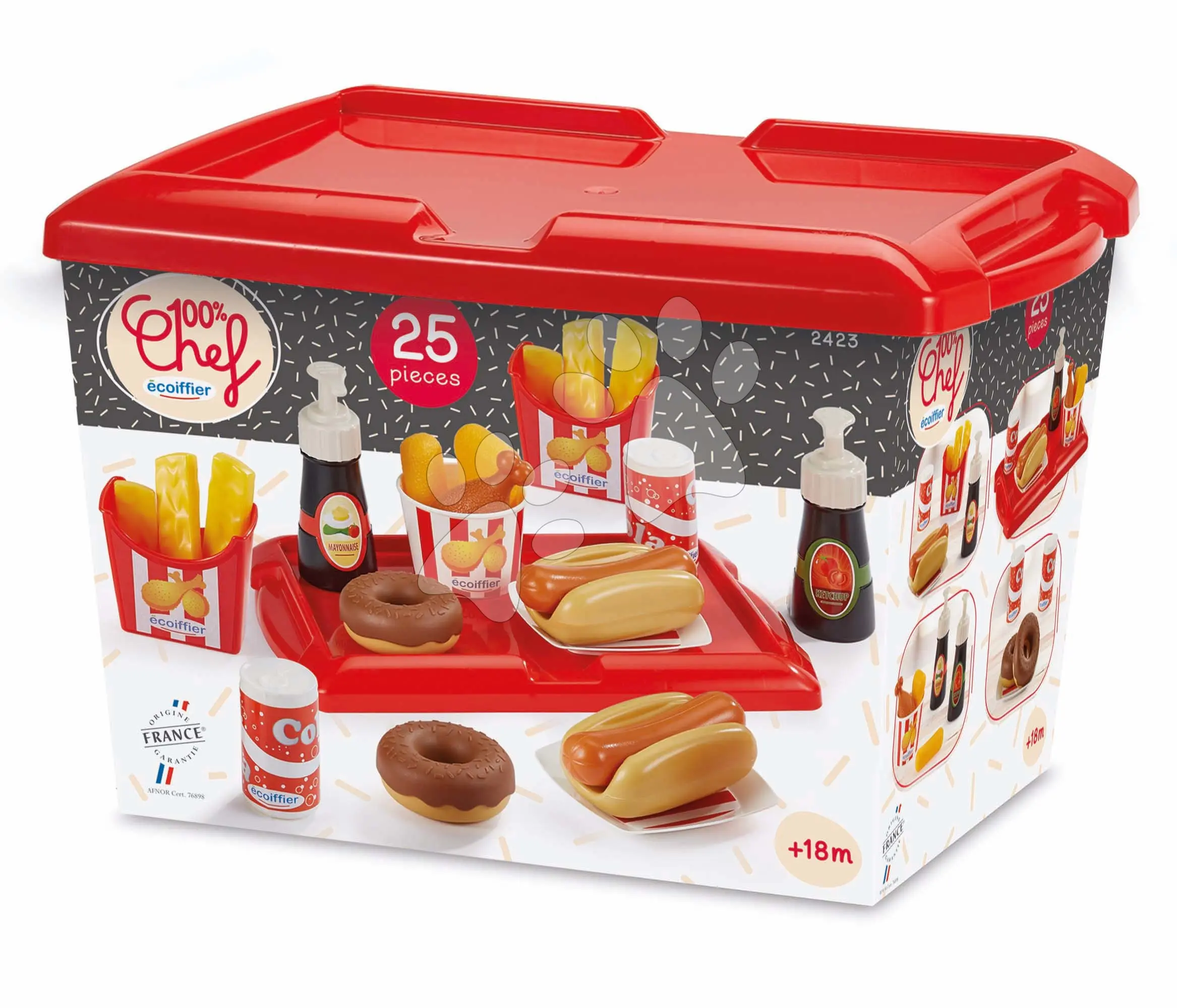 Set hot dog s hranolky a pitím 100% Chef Écoiffier na tácku 25 doplňků od 18 měsíců