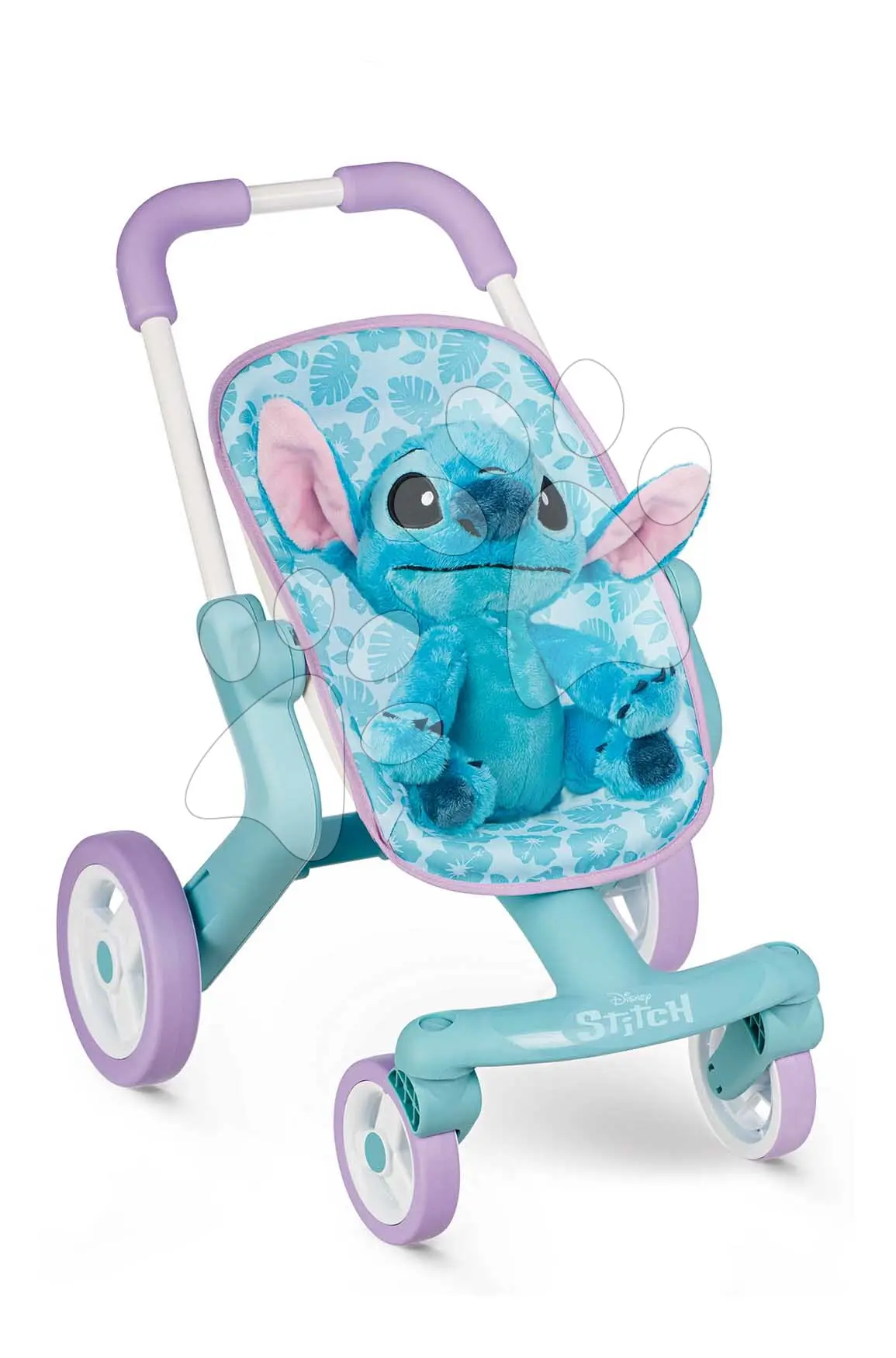 Dětský sportovní kočárek s plyšovou hračkou Stitch PushChair & Plush Smoby s textilním potahem a otočnými kolečky od 18 měsíců