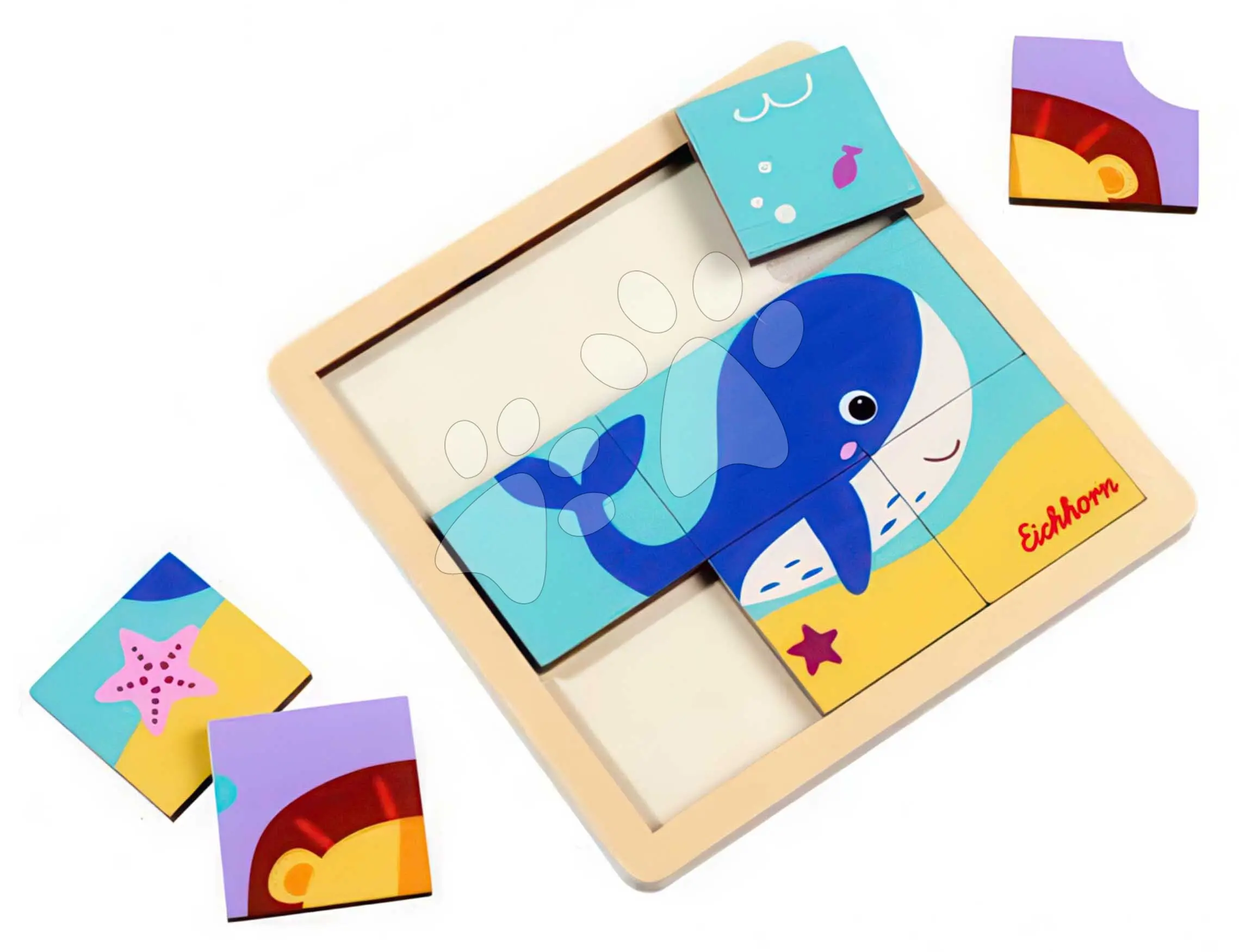 Dřevěné puzzle Lev a velryba Games Puzzle Eichhorn 9 barevných dílků od 24 měsíců