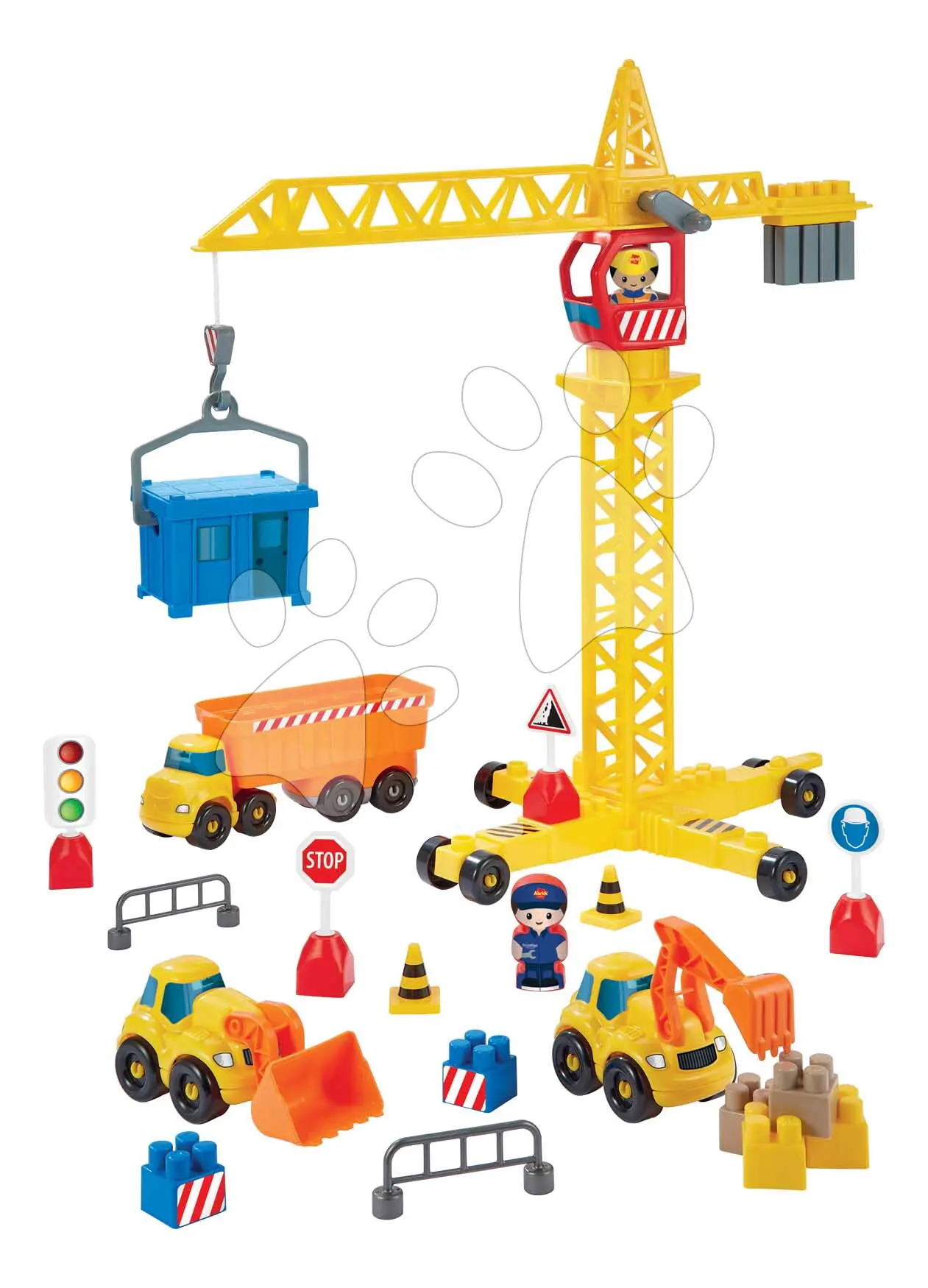 Stavebnice s jeřábem a pracovními stroji Public Works Abrick Écoiffier se 3 autíčky a 2 figurkami