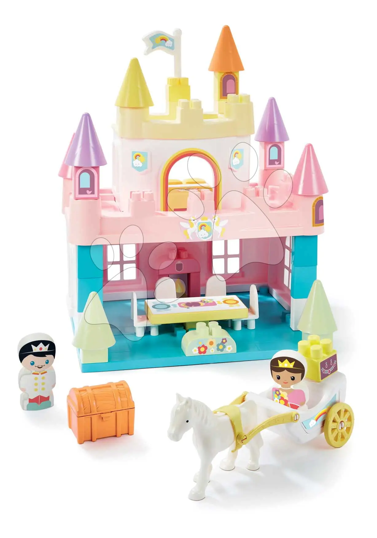 Stavebnice Duhový zámek Rainbow Castel Abrick Écoiffier s kočárem a 2 figurkami od 18 měsíců