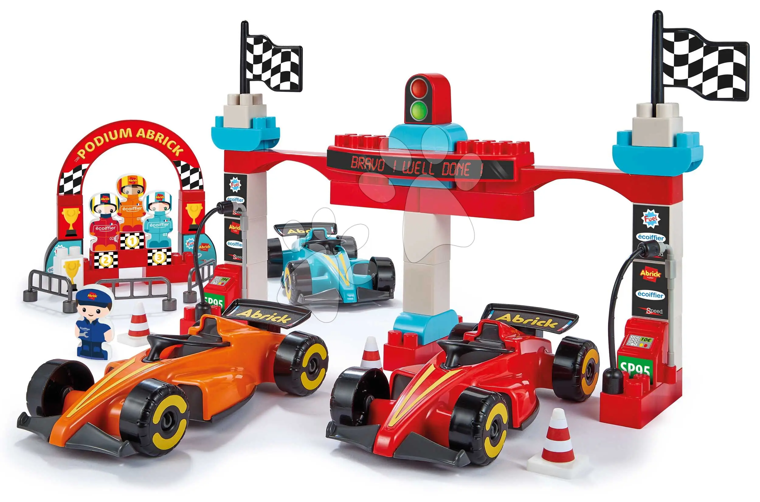 Stavebnice Závody Formule 1 Grand Prix Abrick Écoiffier s 3 autíčky a 4 figurkami od 18 měsíců