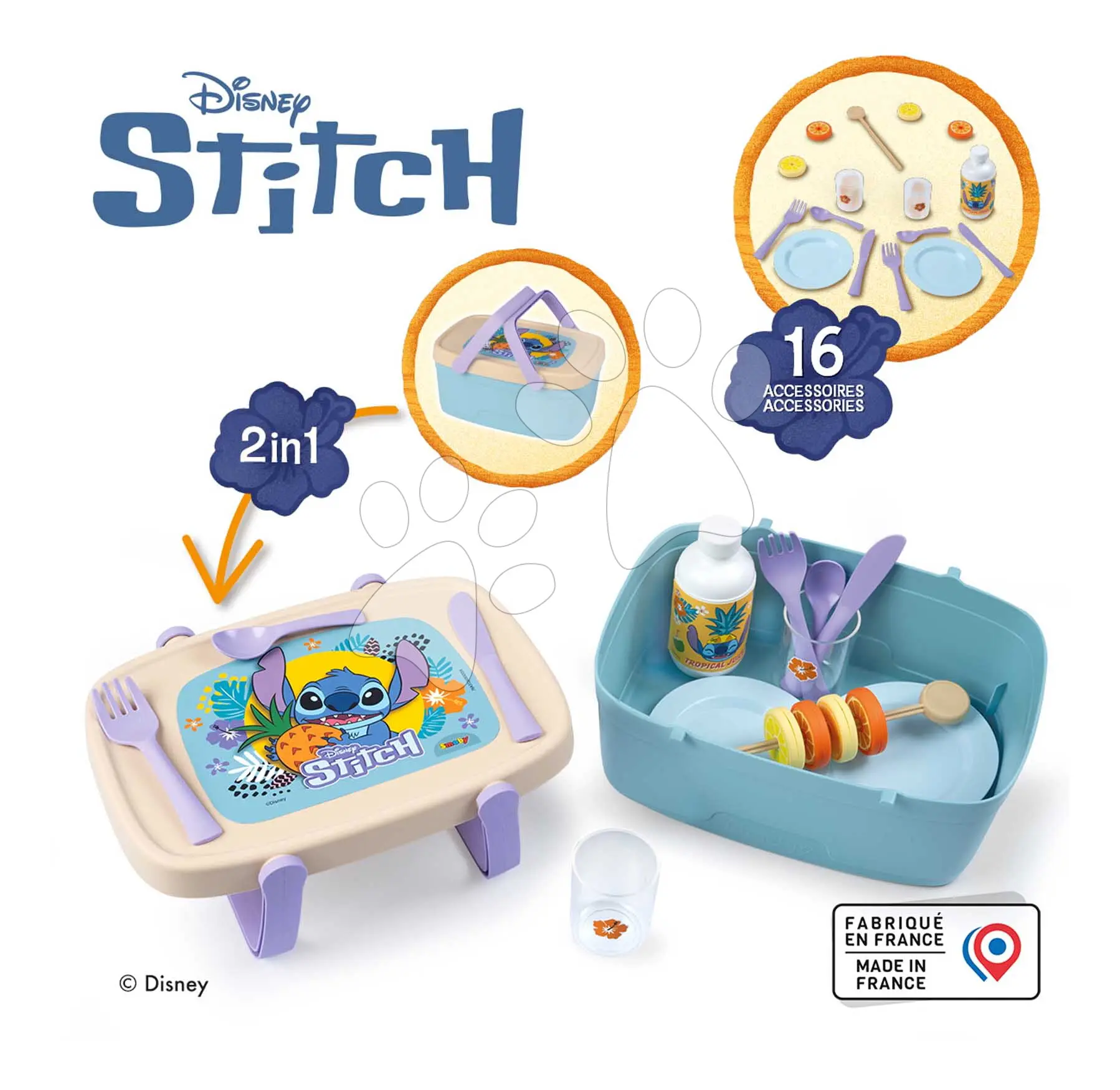 Piknikový košík a stoleček 2v1 Stitch Picnic Basket Smoby 16 doplňků s jídelní soupravou