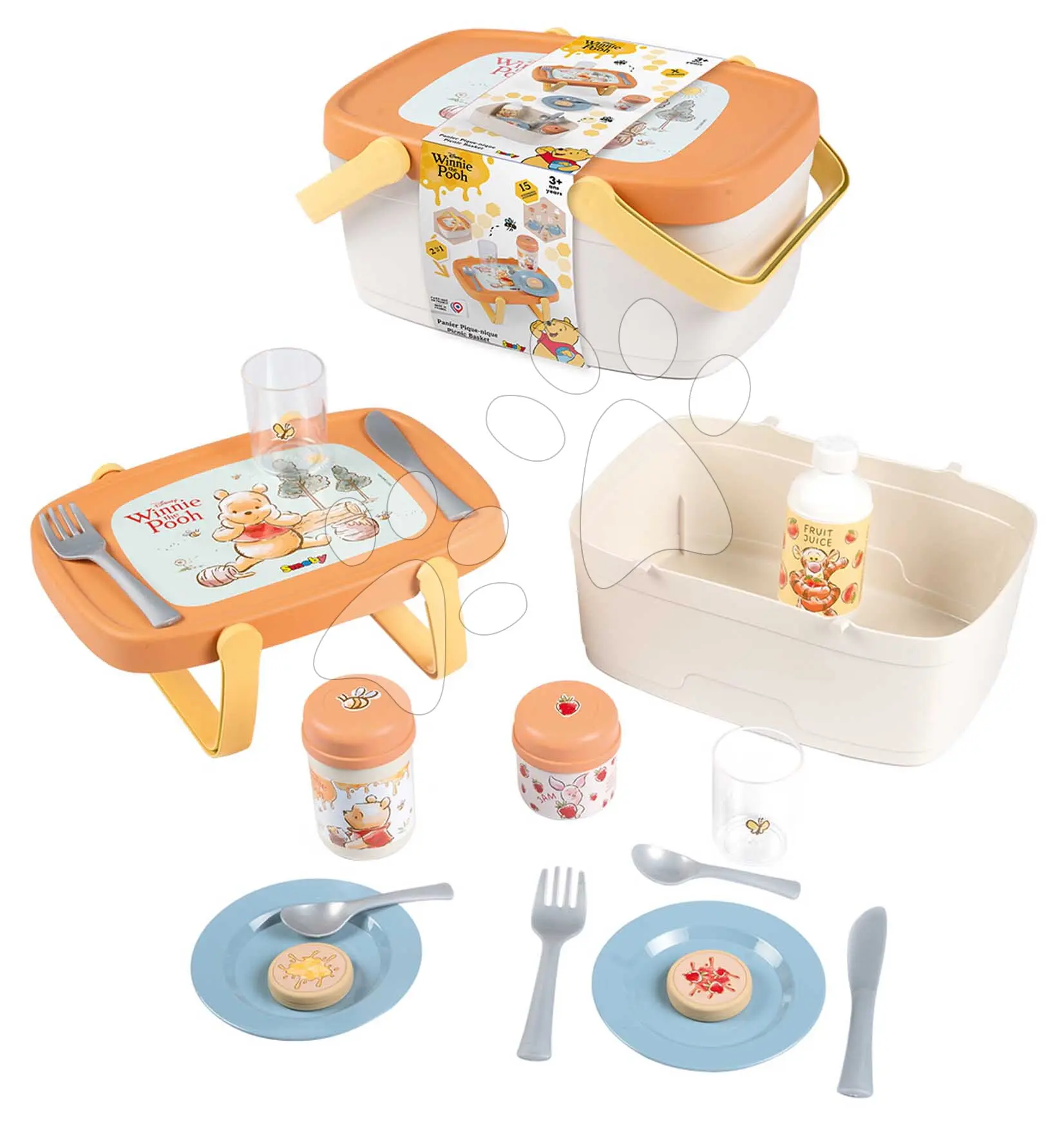 Piknikový košík a stolek 2v1 Medvídek Pú Picnic Basket Smoby s jídelní sadou 15 doplňků od 18 měsíců