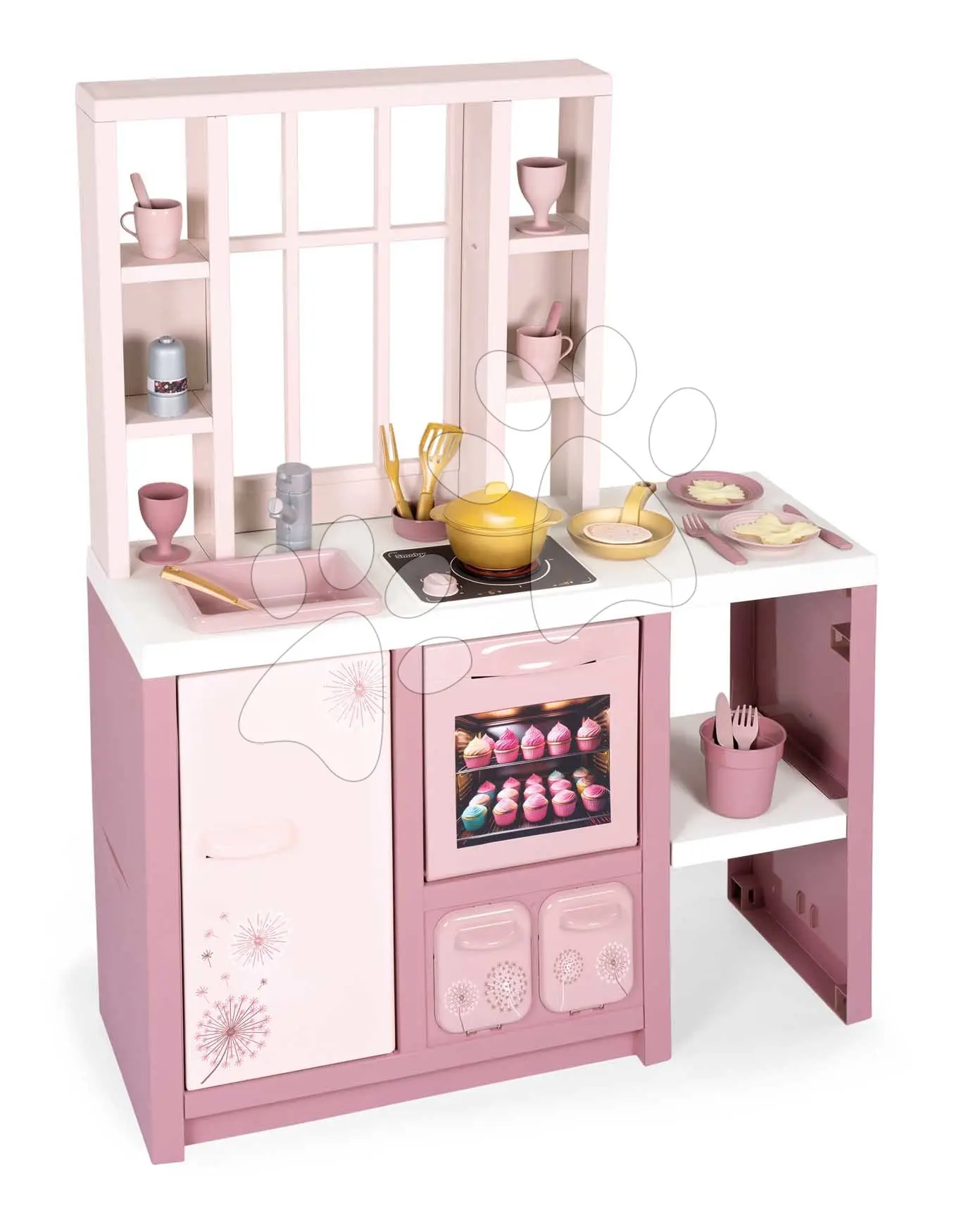 Kuchyňka elektronická s magickými těstovinami Loft Fleur Pink 360° Smoby růžová se zvukem oboustranná s 27 doplňky 50 cm pracovní deska