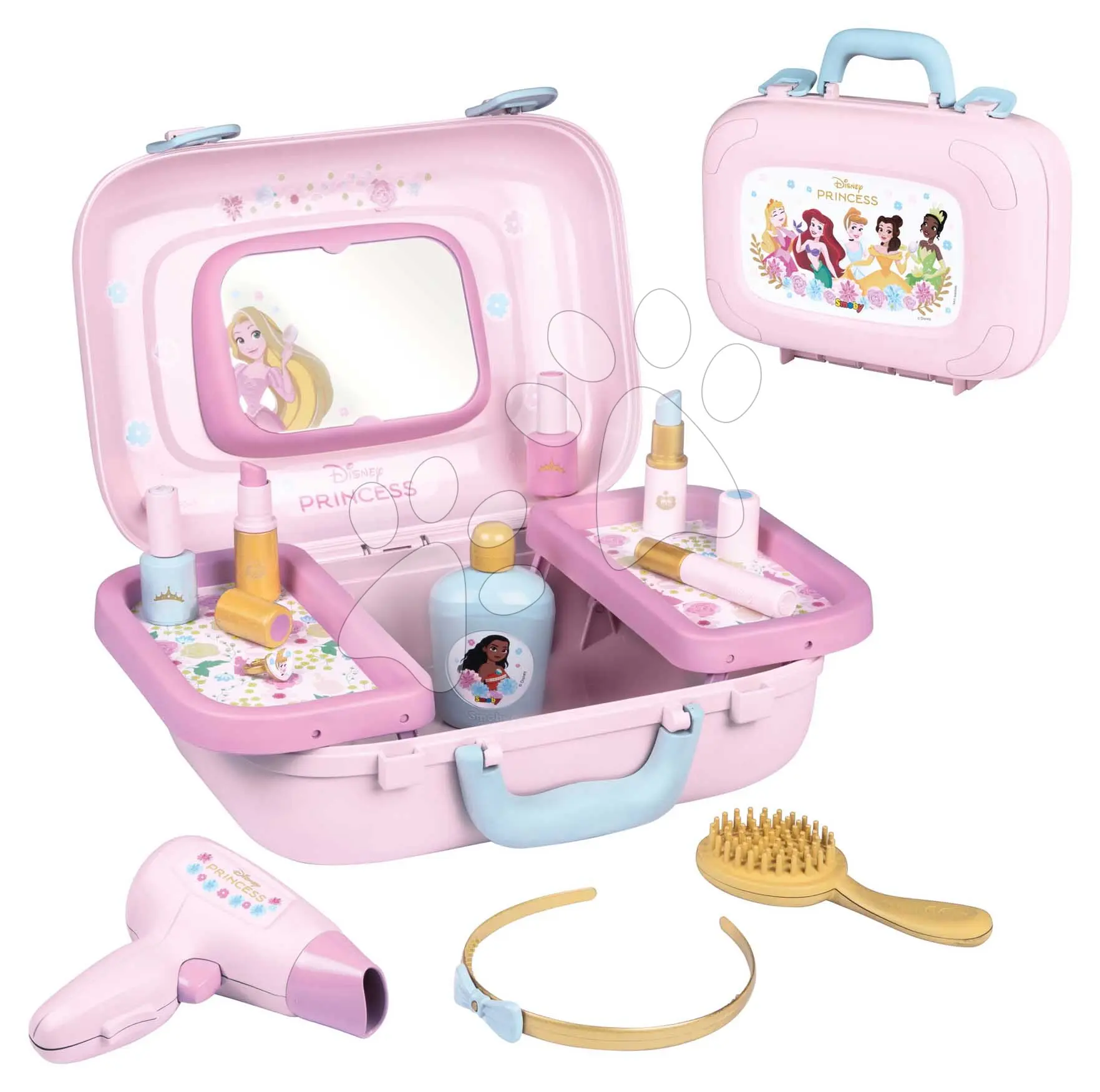 Kosmetický kufřík se zrcadlem Princezny Disney Beauty Vanity Smoby kosmetika s kadeřnickým a nehtovým studiem s 10 doplňky